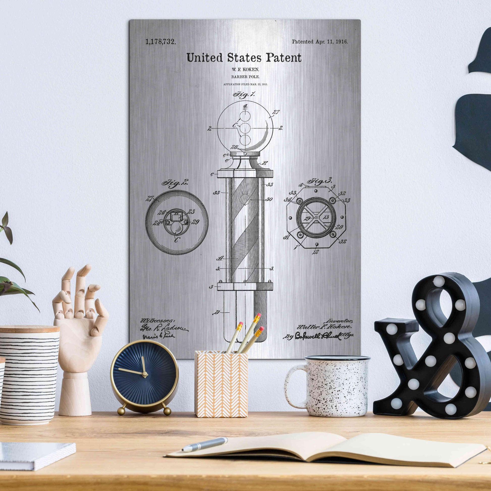 Luxe Metal Art 'Barber Pole Blueprint Patent White' Acrylic Glass Wall Art,12x16