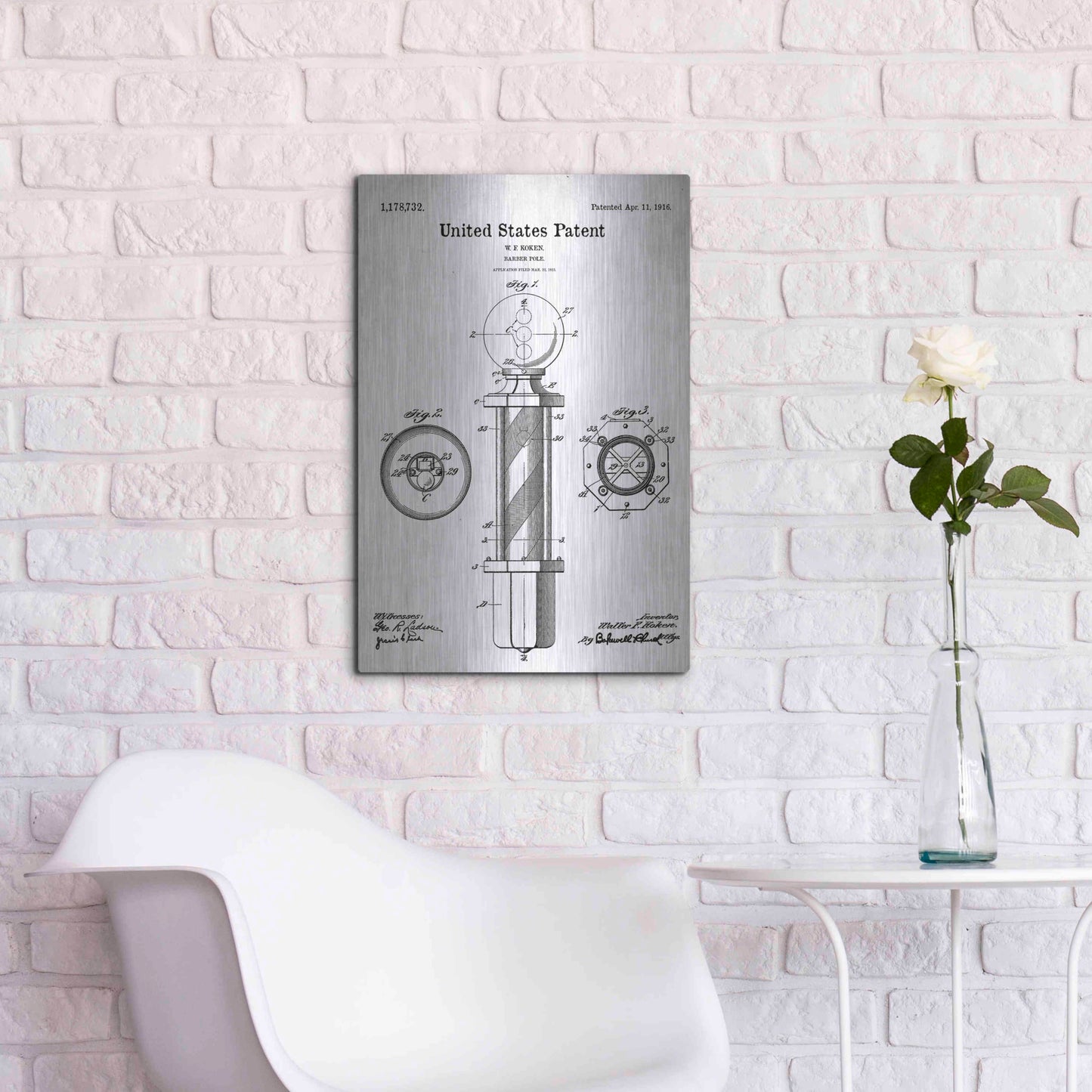 Luxe Metal Art 'Barber Pole Blueprint Patent White' Acrylic Glass Wall Art,16x24