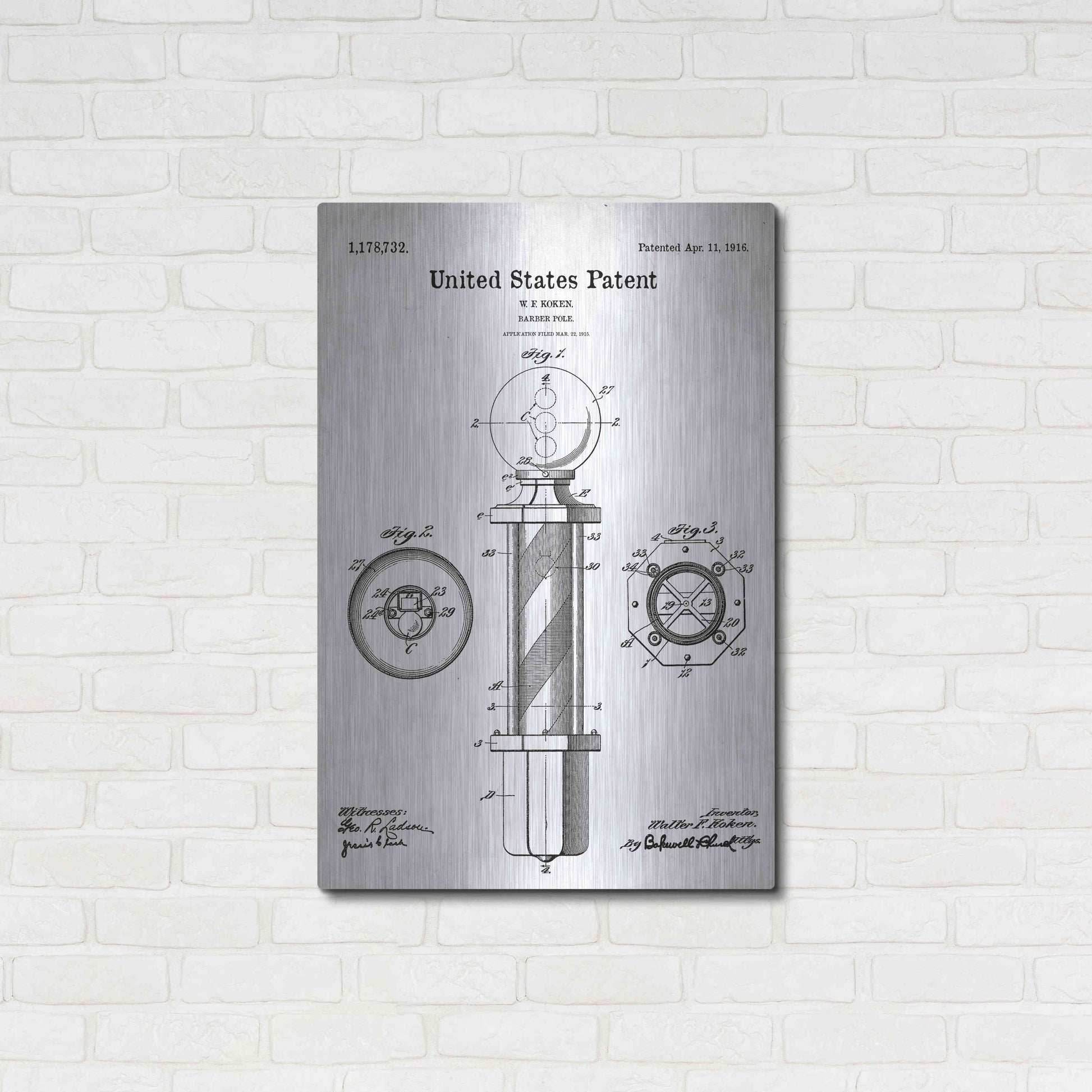 Luxe Metal Art 'Barber Pole Blueprint Patent White' Acrylic Glass Wall Art,24x36