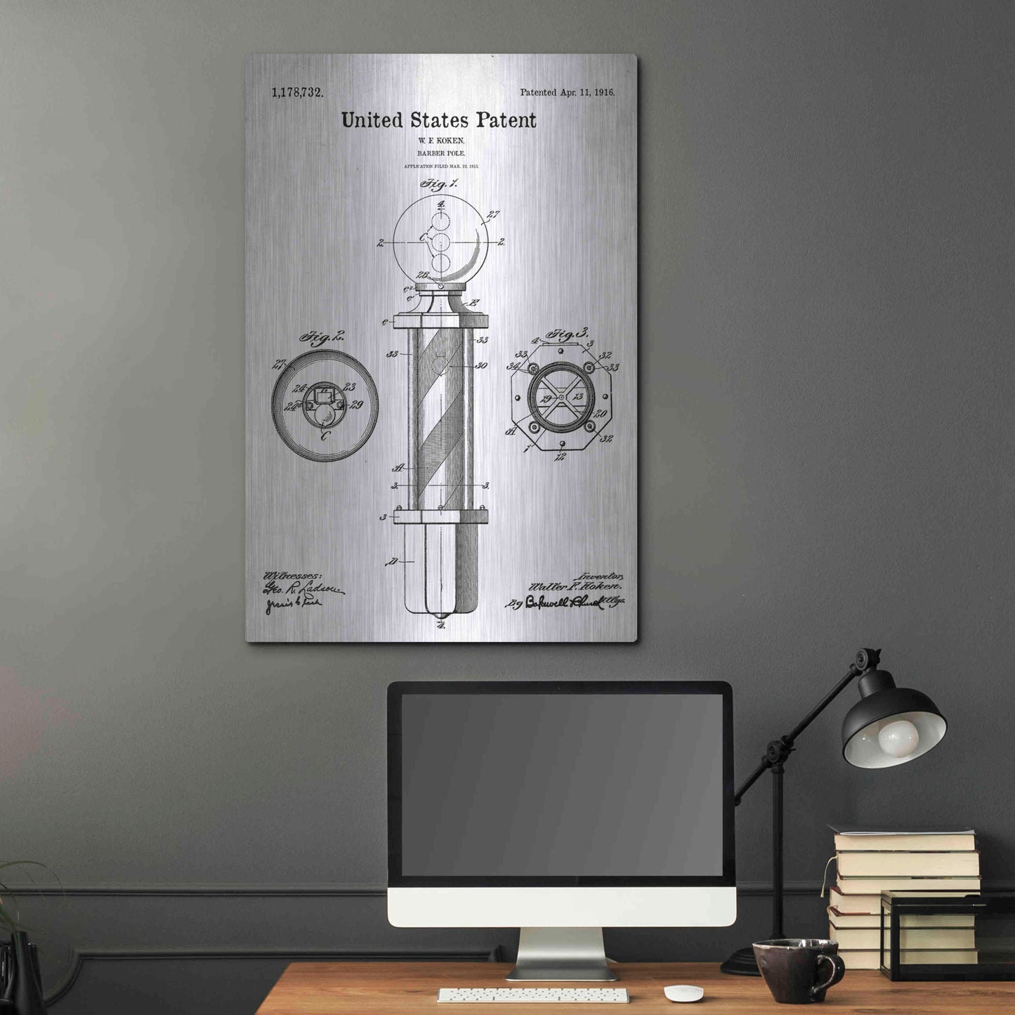 Luxe Metal Art 'Barber Pole Blueprint Patent White' Acrylic Glass Wall Art,24x36