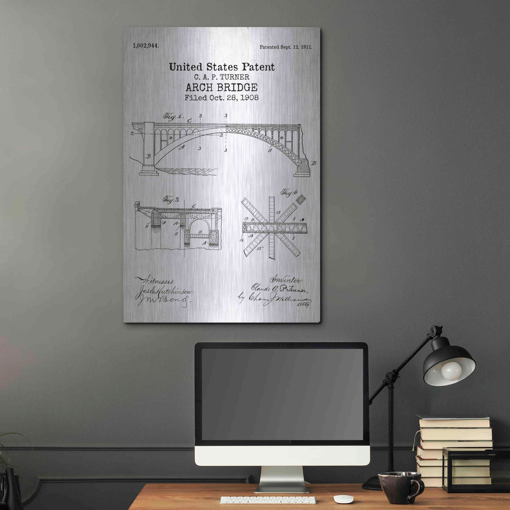 Luxe Metal Art 'Arch Bridge Blueprint Patent White' Acrylic Glass Wall Art,24x36