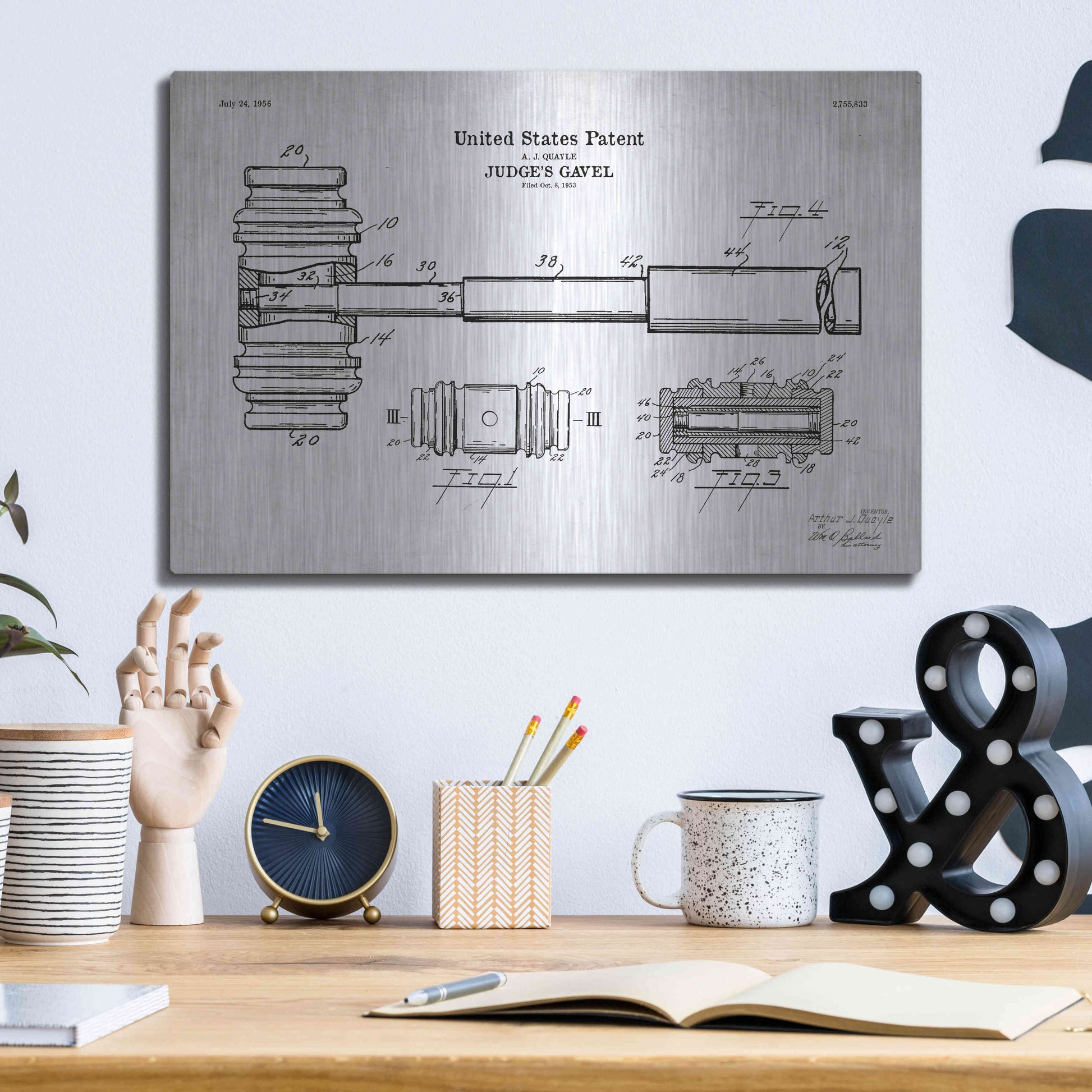 Luxe Metal Art 'Judge's Gavel Blueprint Patent White' Acrylic Glass Wall Art,16x12