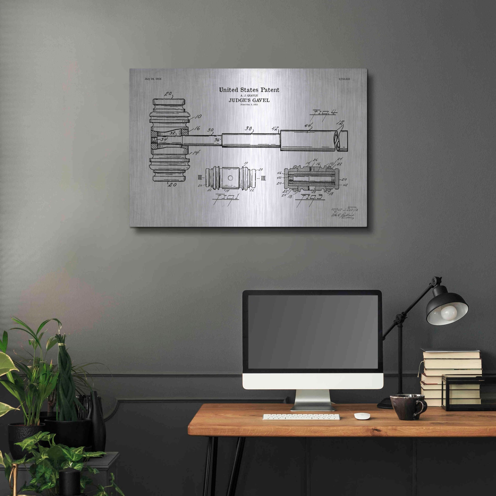 Luxe Metal Art 'Judge's Gavel Blueprint Patent White' Acrylic Glass Wall Art,36x24