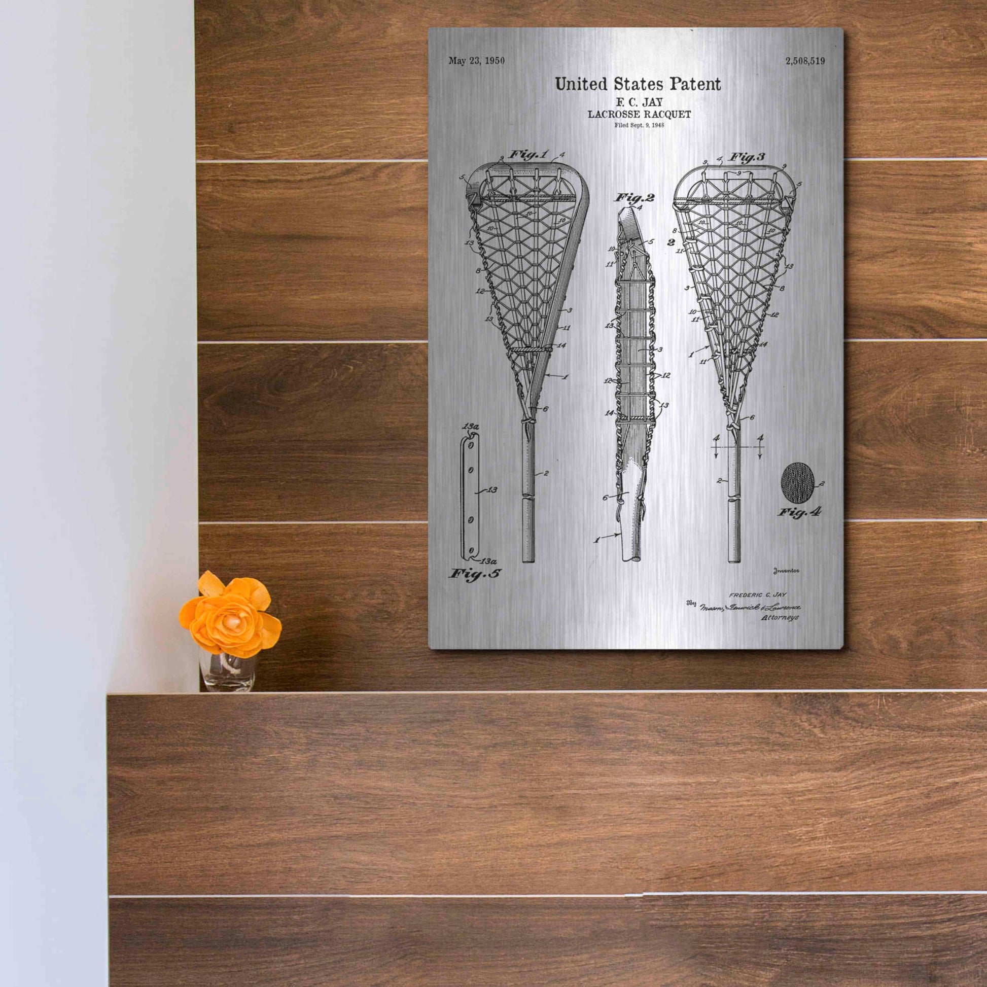 Luxe Metal Art 'Lacrosse Racquet Blueprint Patent White' Acrylic Glass Wall Art,12x16