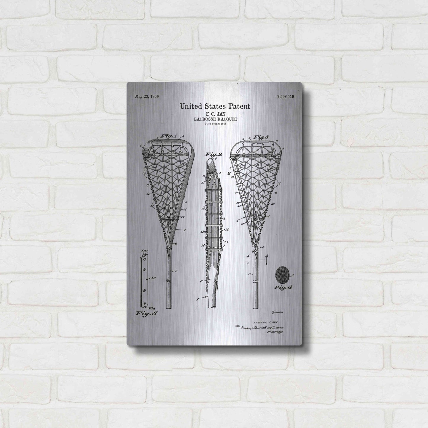 Luxe Metal Art 'Lacrosse Racquet Blueprint Patent White' Acrylic Glass Wall Art,16x24