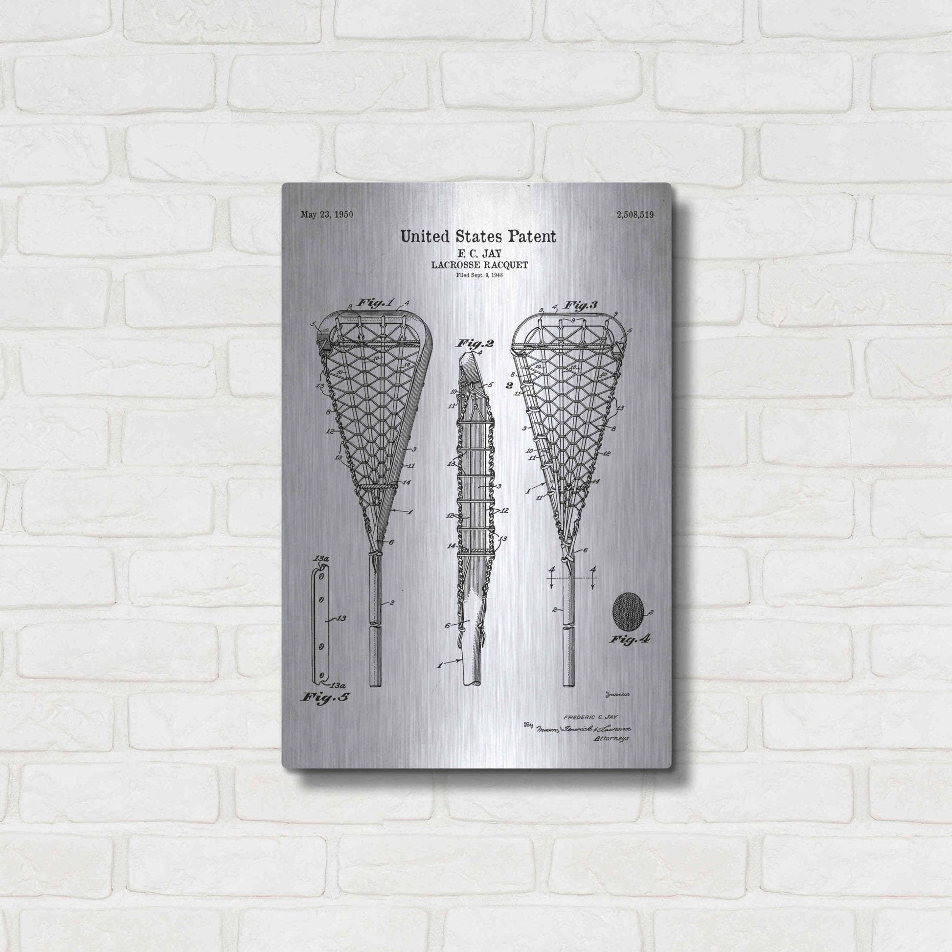 Luxe Metal Art 'Lacrosse Racquet Blueprint Patent White' Acrylic Glass Wall Art,16x24