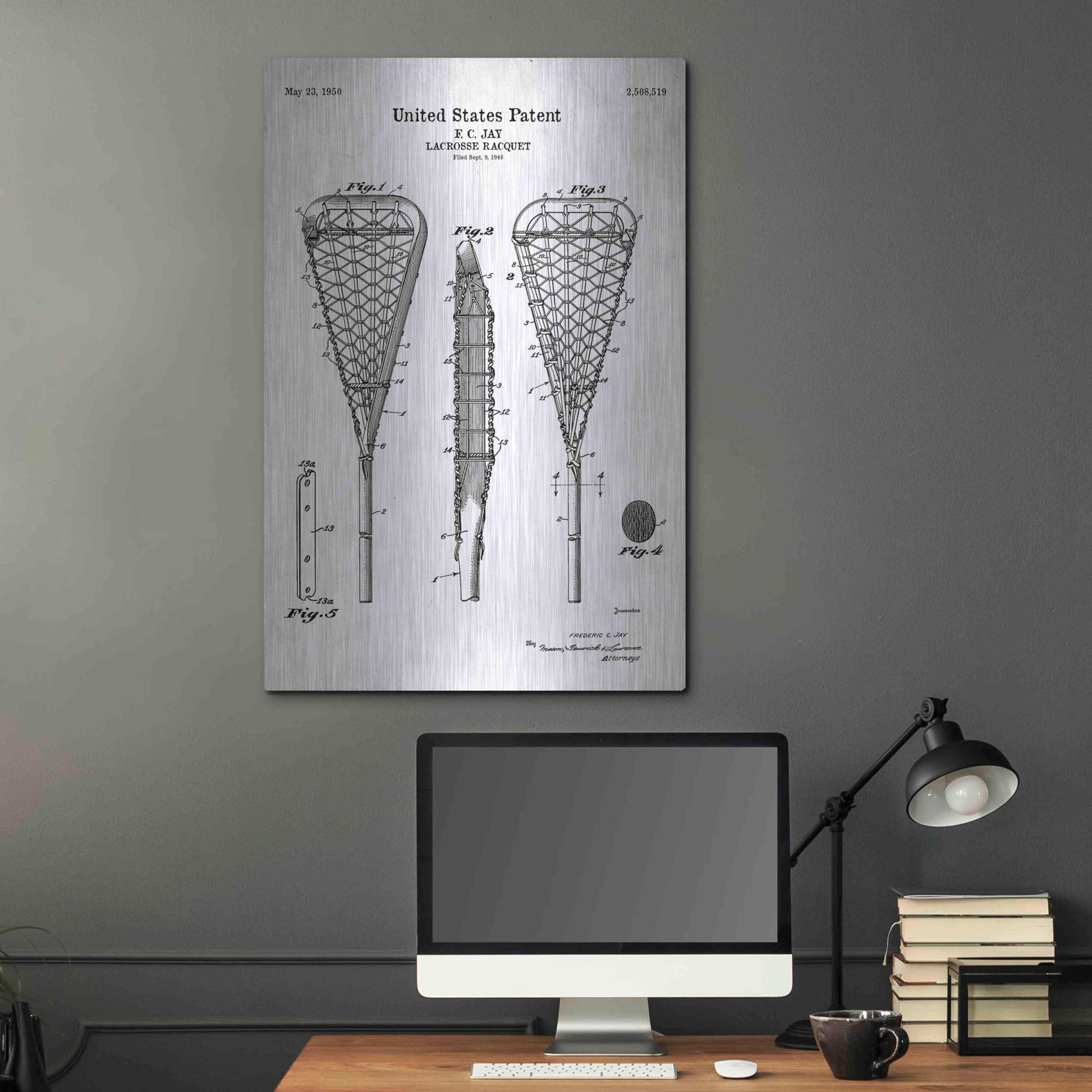 Luxe Metal Art 'Lacrosse Racquet Blueprint Patent White' Acrylic Glass Wall Art,24x36