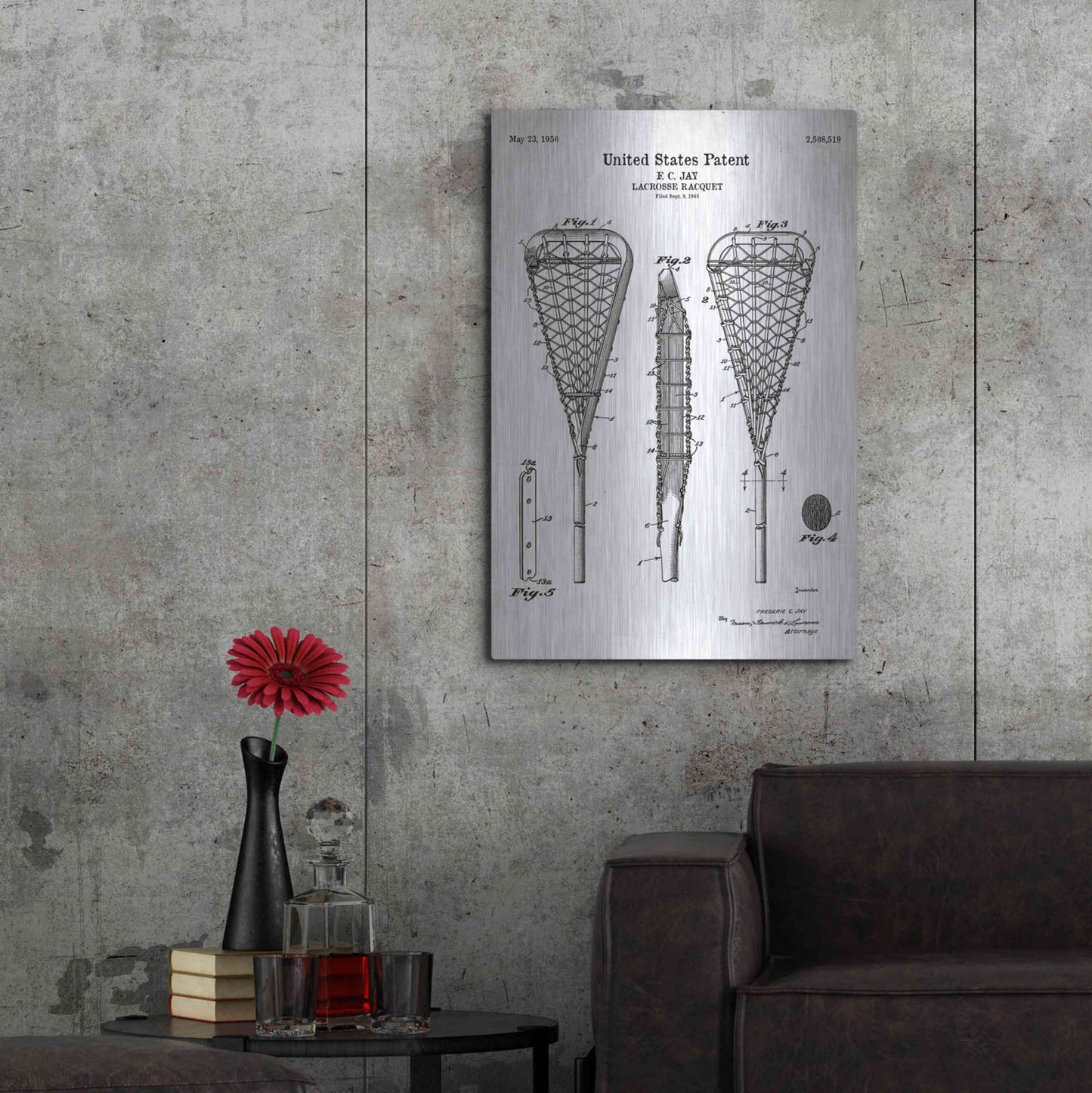 Luxe Metal Art 'Lacrosse Racquet Blueprint Patent White' Acrylic Glass Wall Art,24x36