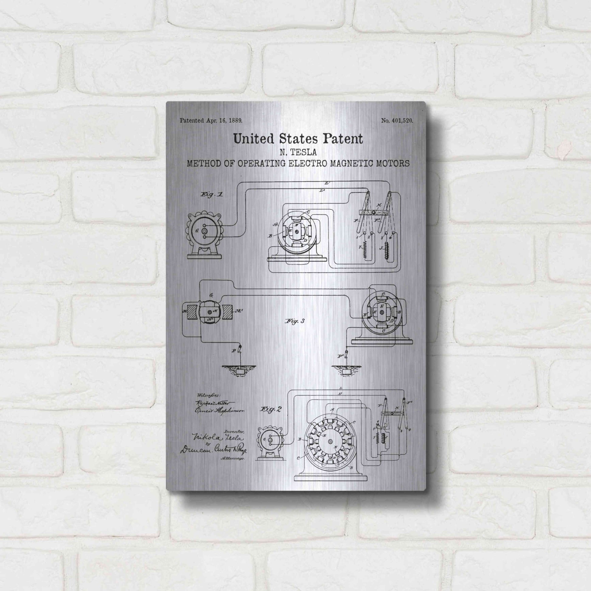 Luxe Metal Art 'Operating Tesla Motor Blueprint Patent White' Acrylic Glass Wall Art,12x16