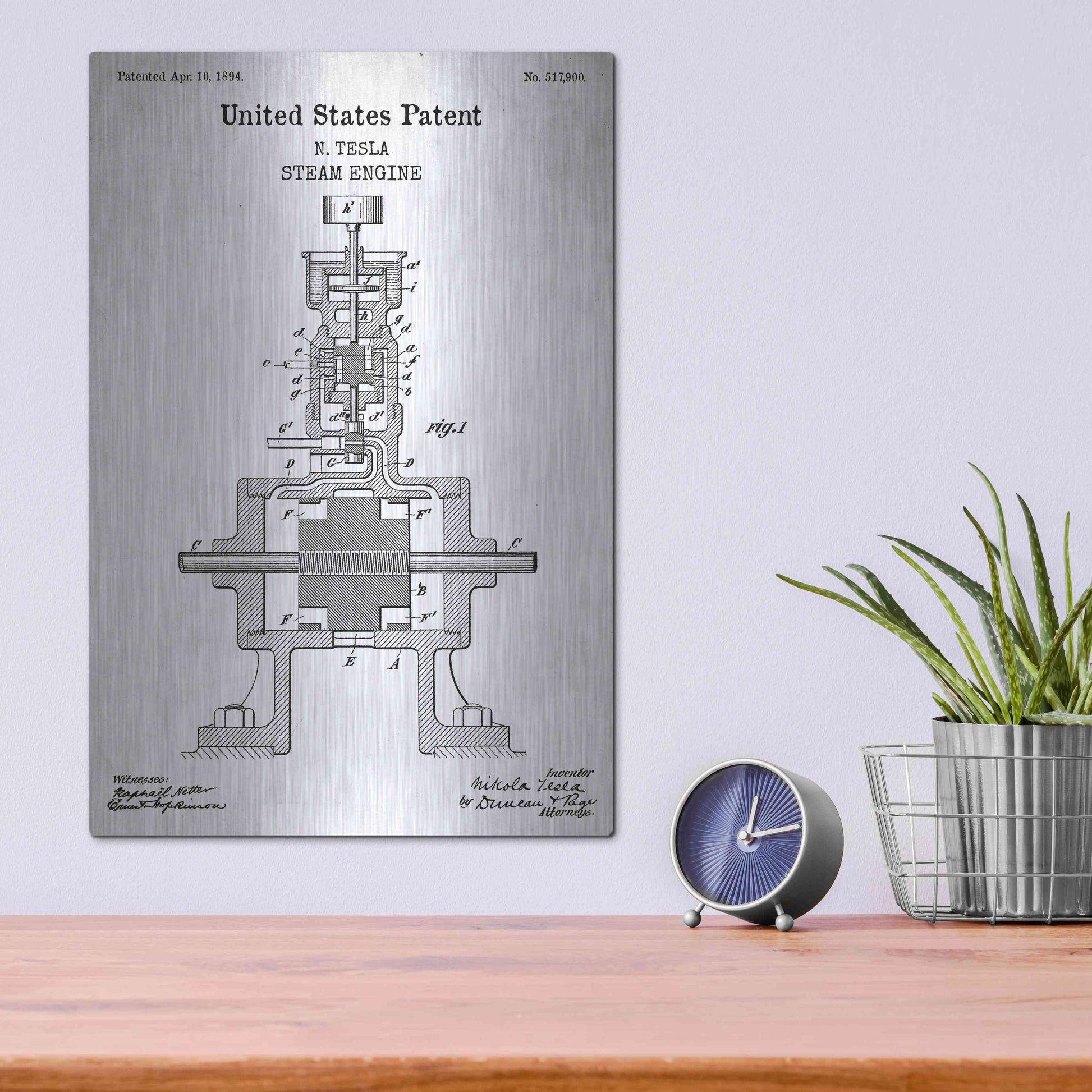 Luxe Metal Art 'Tesla Steam Engine Blueprint Patent White' Acrylic Glass Wall Art,12x16