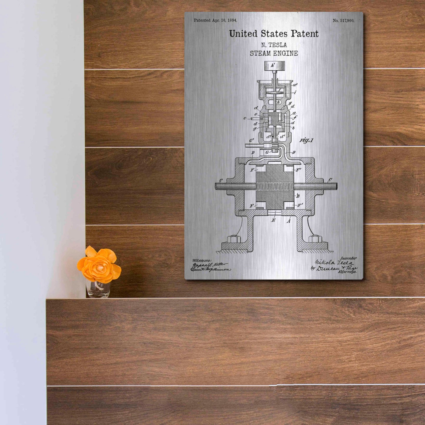 Luxe Metal Art 'Tesla Steam Engine Blueprint Patent White' Acrylic Glass Wall Art,12x16