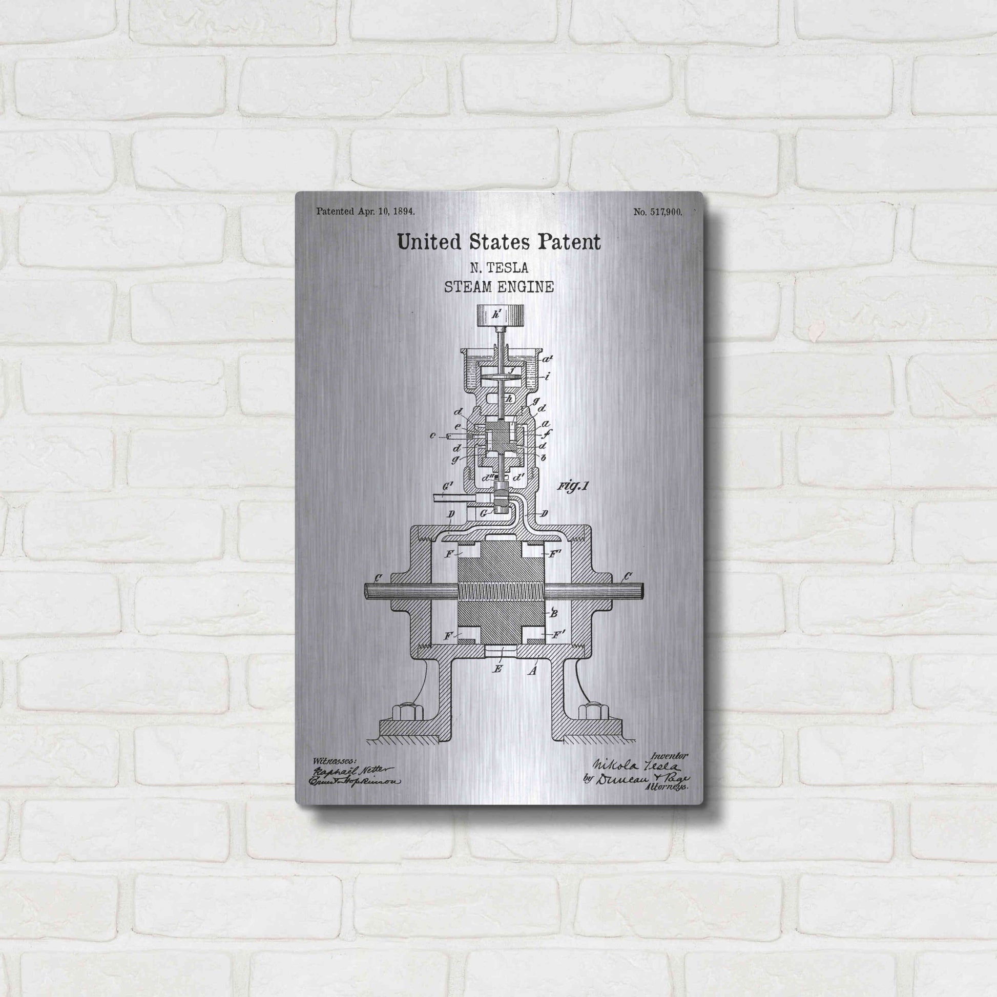 Luxe Metal Art 'Tesla Steam Engine Blueprint Patent White' Acrylic Glass Wall Art,16x24