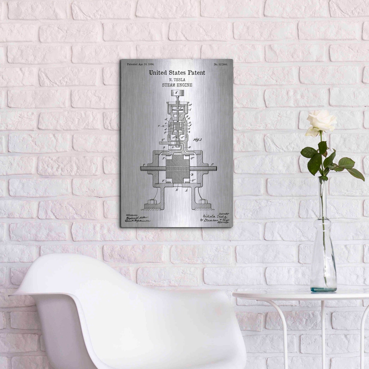 Luxe Metal Art 'Tesla Steam Engine Blueprint Patent White' Acrylic Glass Wall Art,16x24