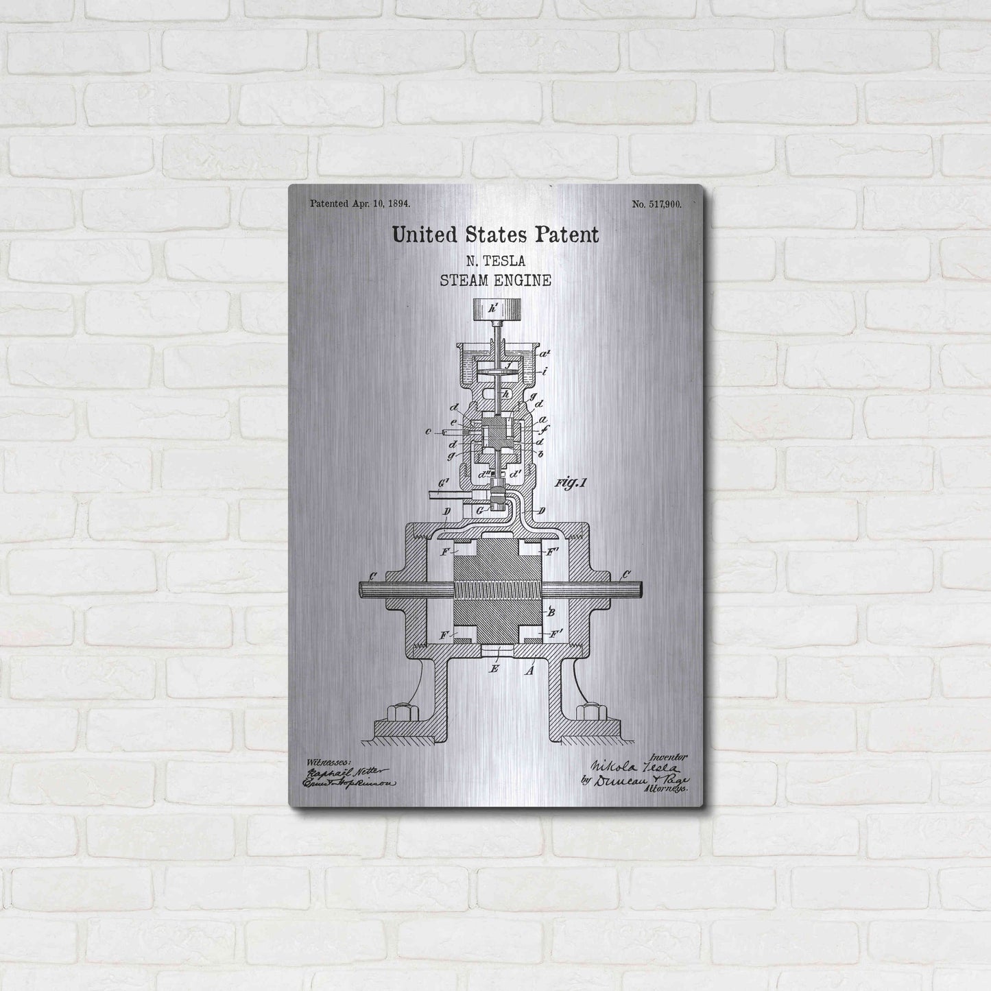 Luxe Metal Art 'Tesla Steam Engine Blueprint Patent White' Acrylic Glass Wall Art,24x36