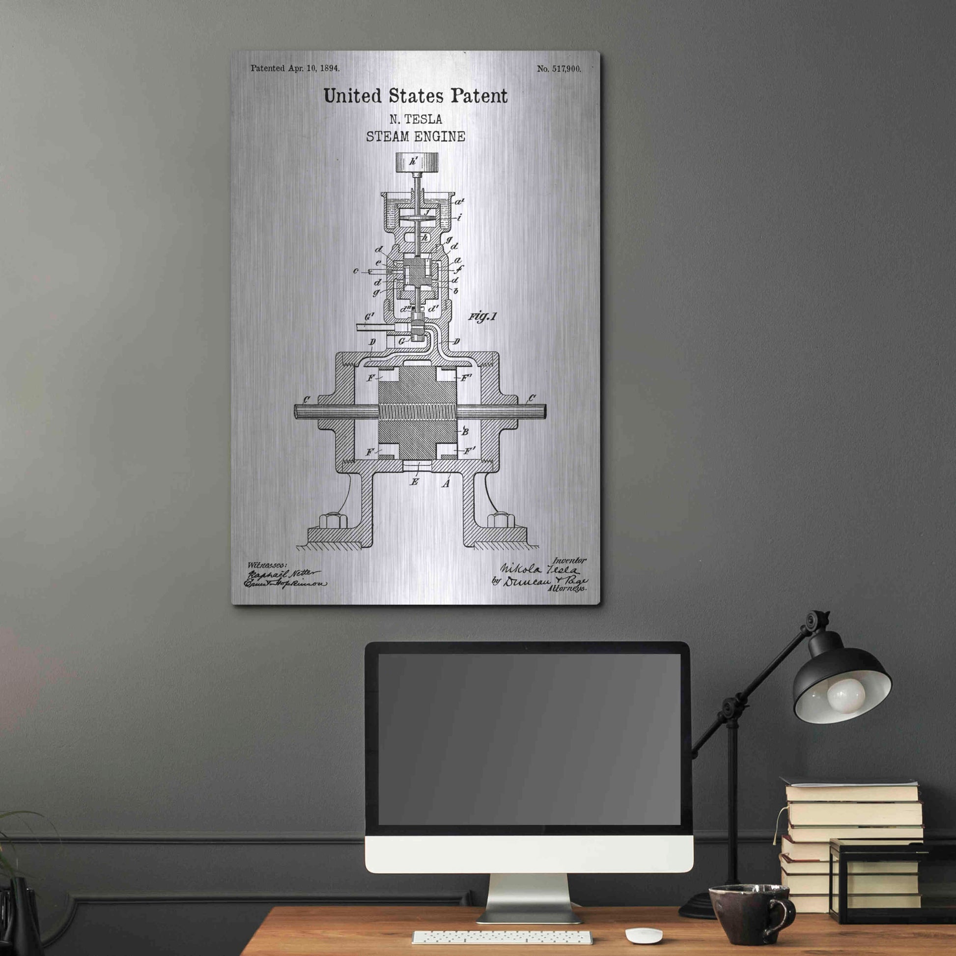 Luxe Metal Art 'Tesla Steam Engine Blueprint Patent White' Acrylic Glass Wall Art,24x36