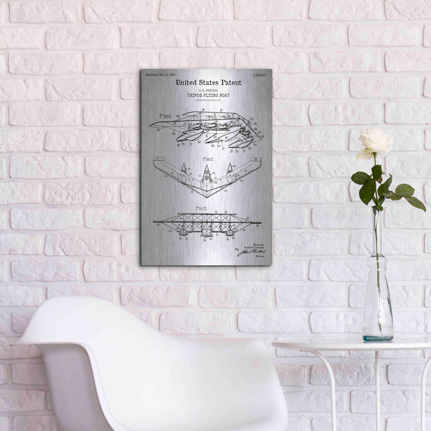 Luxe Metal Art 'Tripod Flying Boat Blueprint Patent White' Acrylic Glass Wall Art,16x24