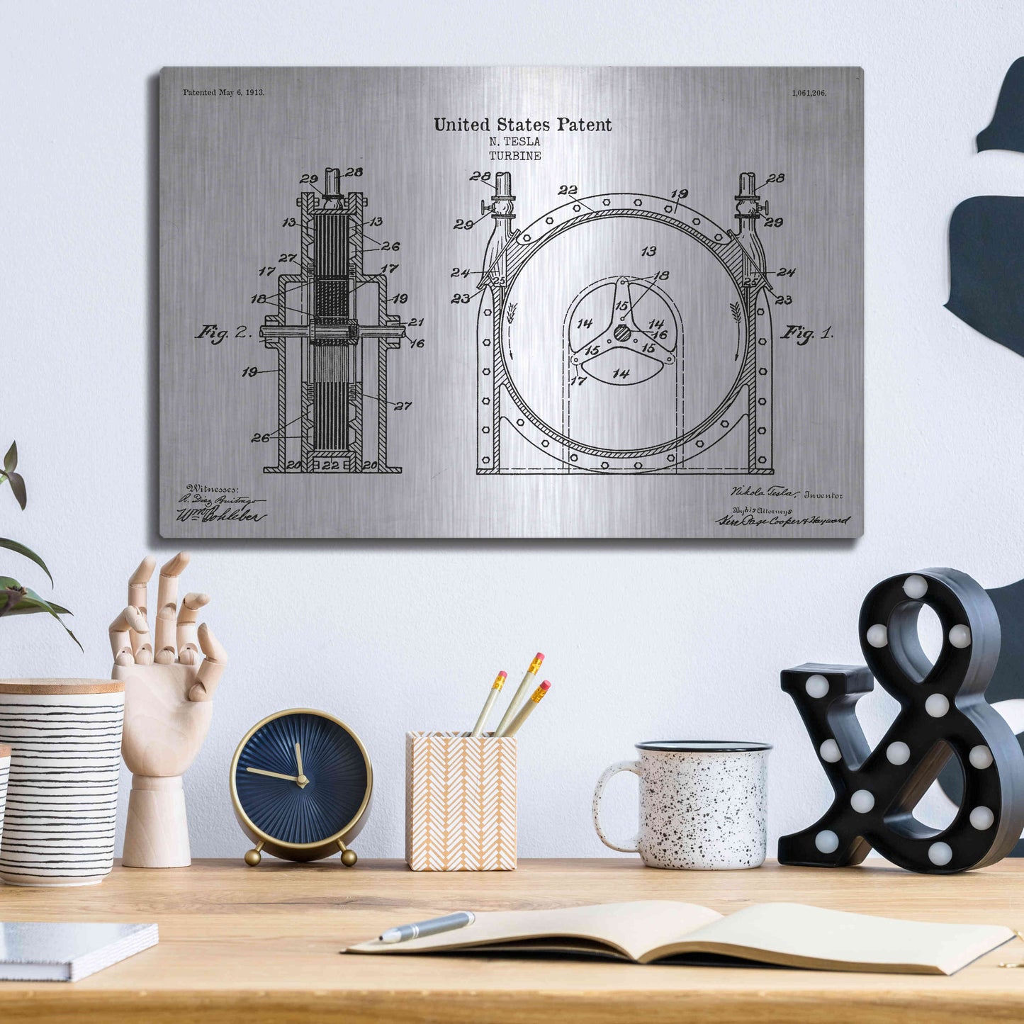 Luxe Metal Art 'Tesla Turbine Blueprint Patent White' Acrylic Glass Wall Art,16x12