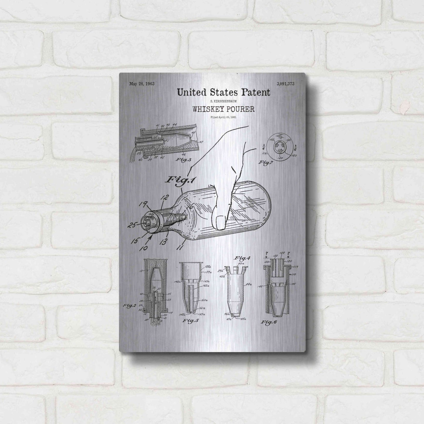 Luxe Metal Art 'Whiskey Pourer Blueprint Patent White' Acrylic Glass Wall Art,12x16