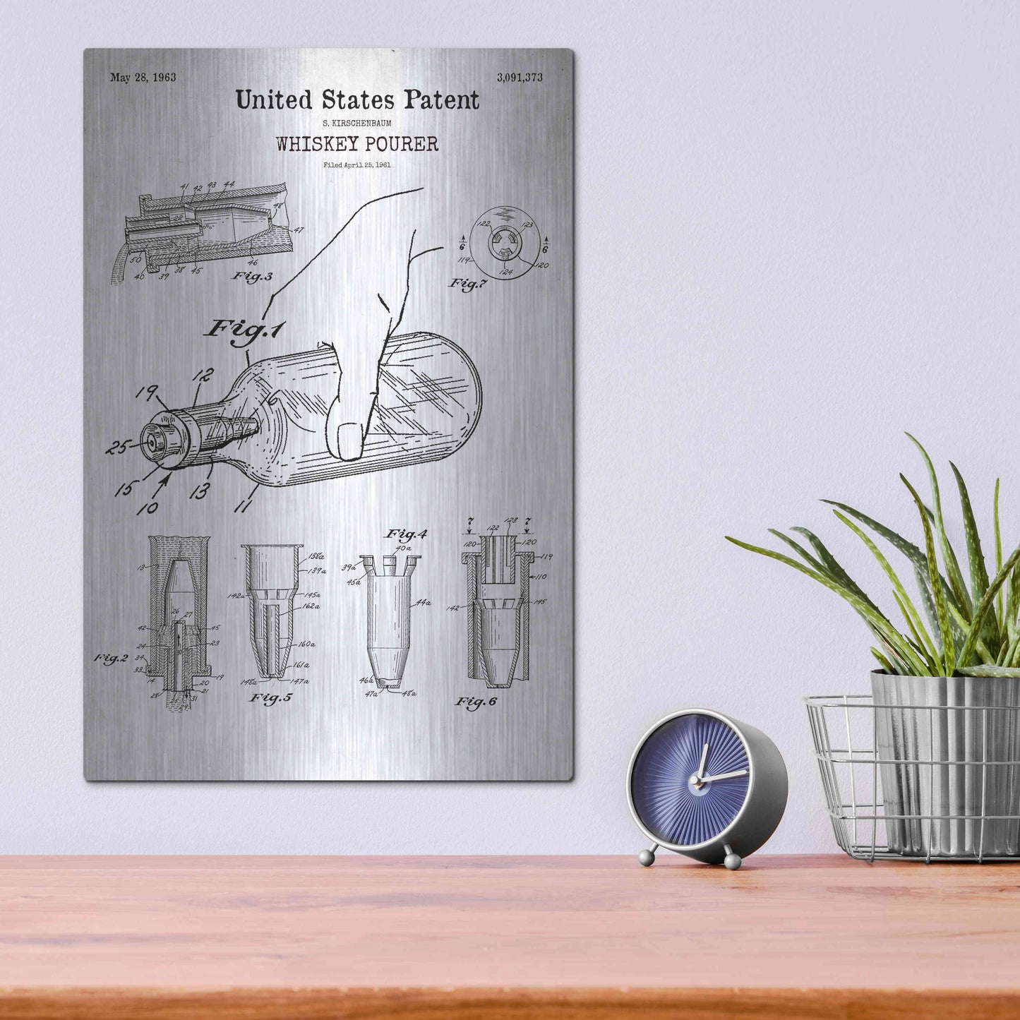 Luxe Metal Art 'Whiskey Pourer Blueprint Patent White' Acrylic Glass Wall Art,12x16