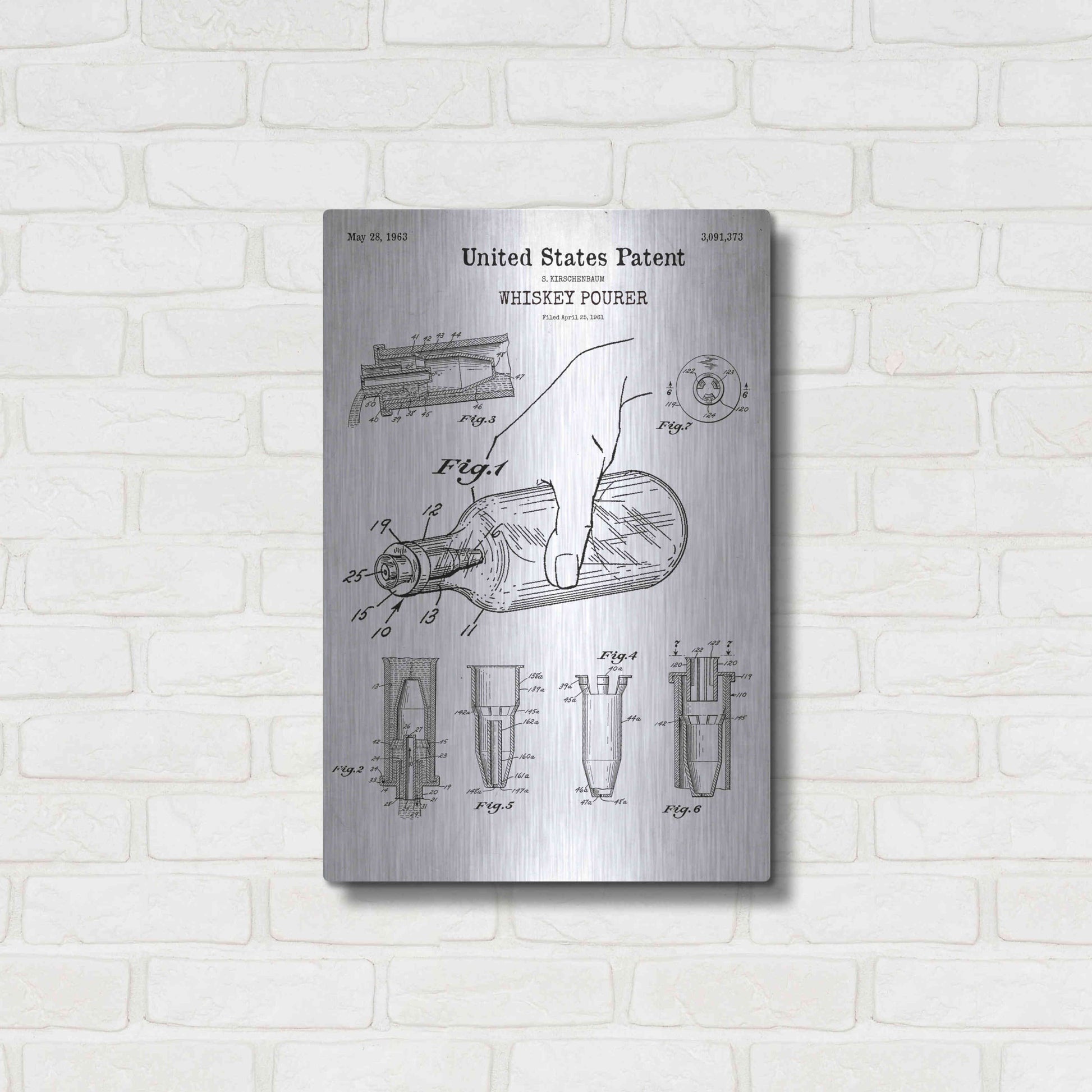 Luxe Metal Art 'Whiskey Pourer Blueprint Patent White' Acrylic Glass Wall Art,16x24