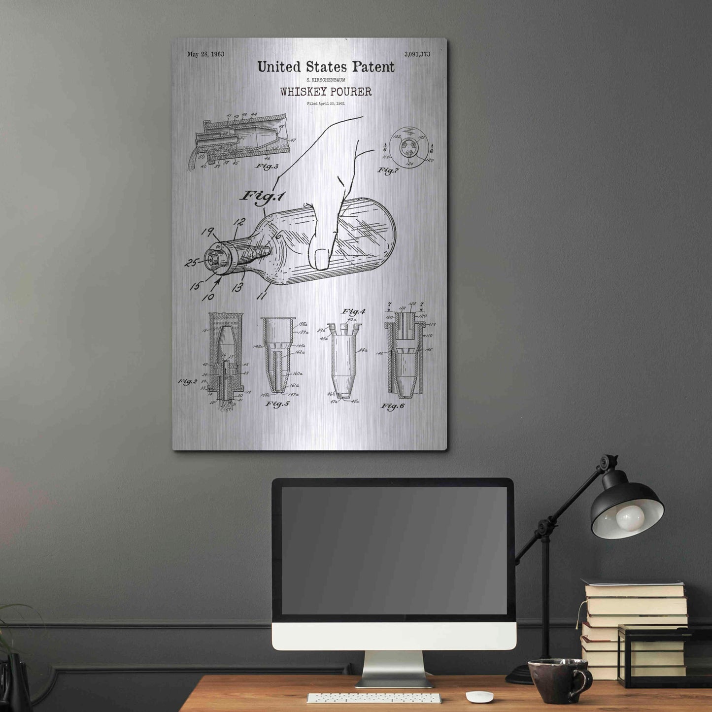 Luxe Metal Art 'Whiskey Pourer Blueprint Patent White' Acrylic Glass Wall Art,24x36