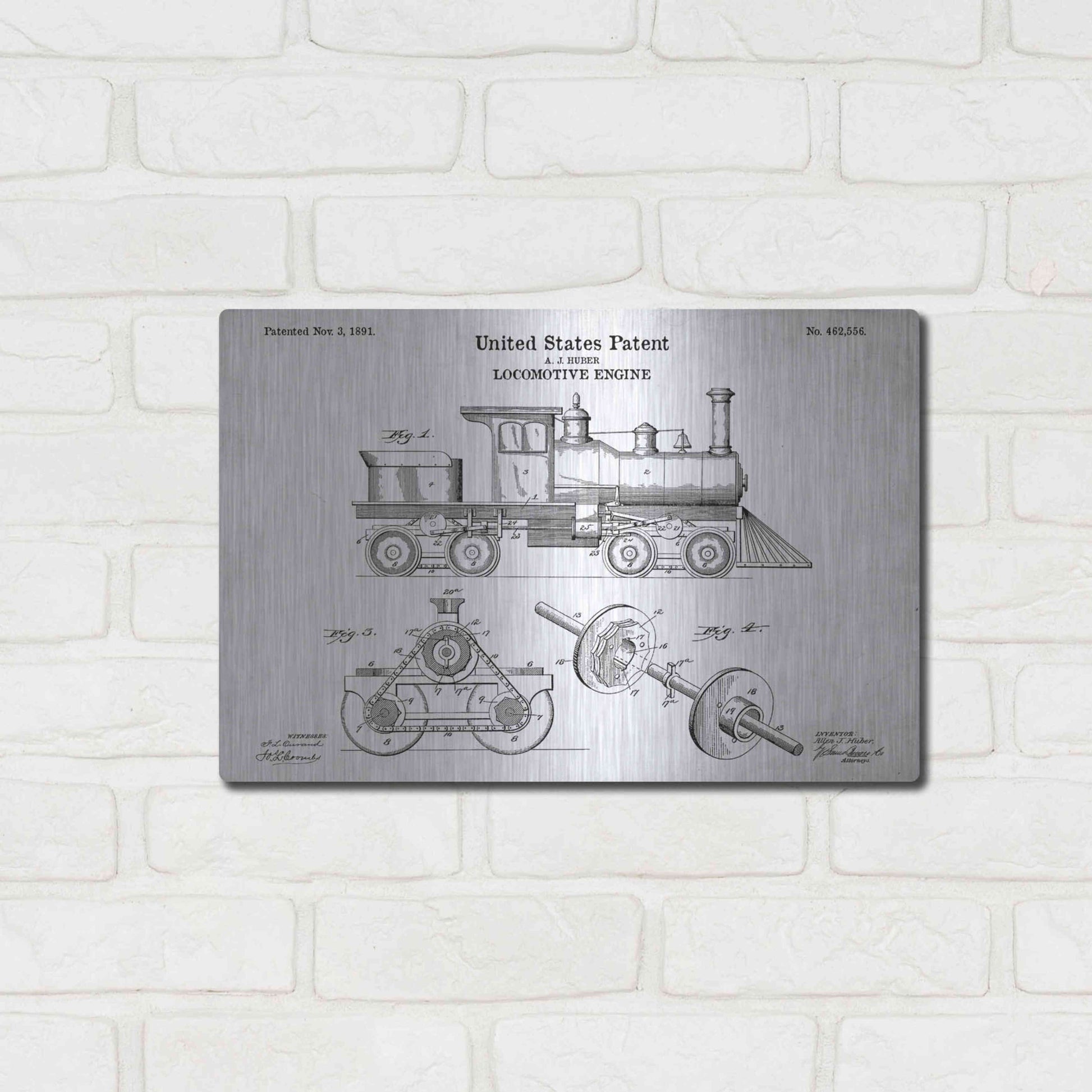 Luxe Metal Art 'Locomotive Engine Blueprint Patent White' Acrylic Glass Wall Art,16x12