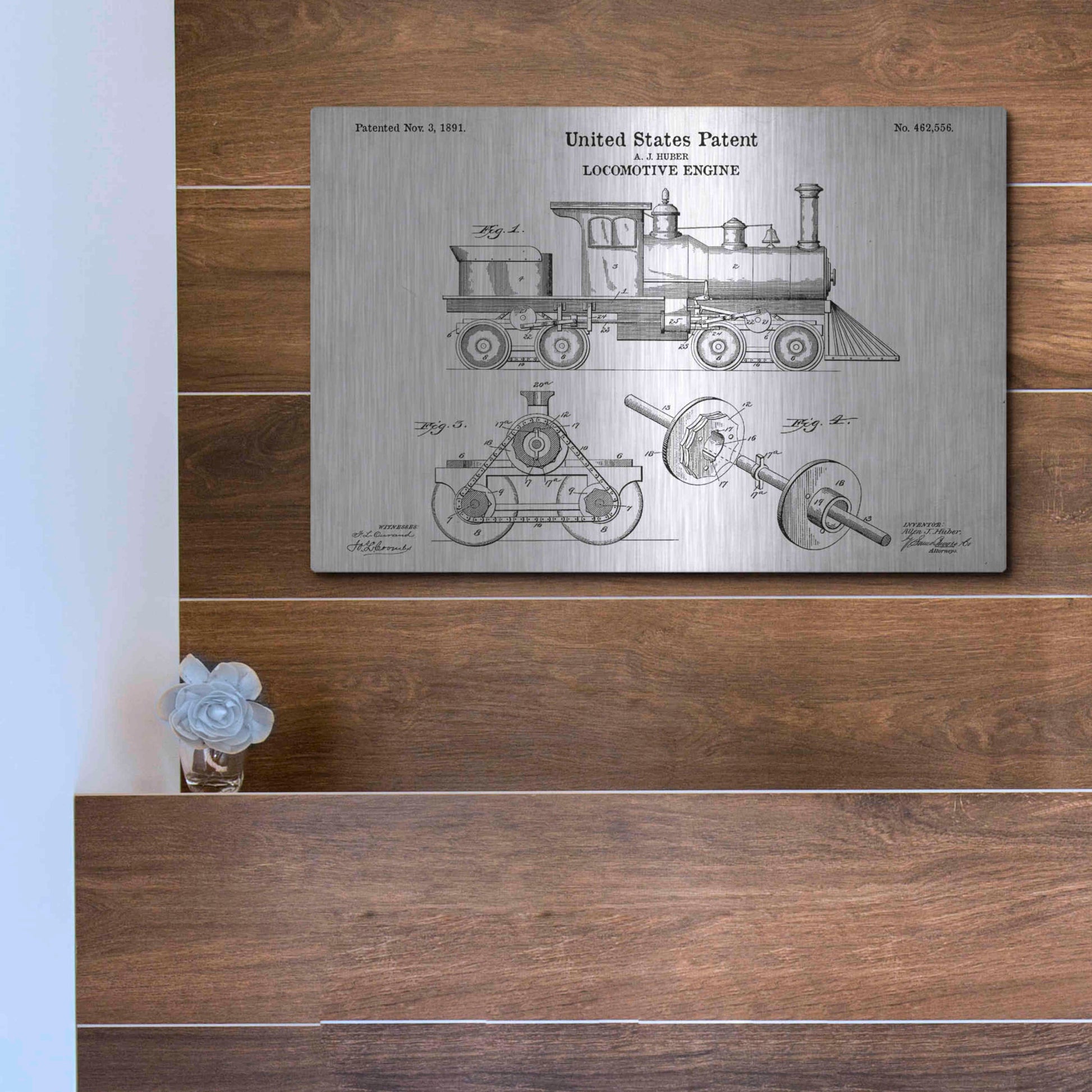 Luxe Metal Art 'Locomotive Engine Blueprint Patent White' Acrylic Glass Wall Art,16x12