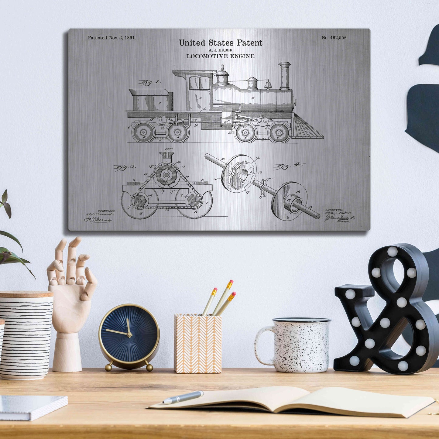 Luxe Metal Art 'Locomotive Engine Blueprint Patent White' Acrylic Glass Wall Art,16x12