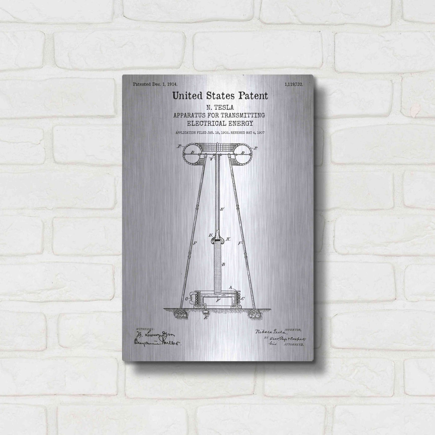 Luxe Metal Art 'Tesla Apparatus for Transmitting Electrical Energy Blueprint Patent White' Acrylic Glass Wall Art,12x16