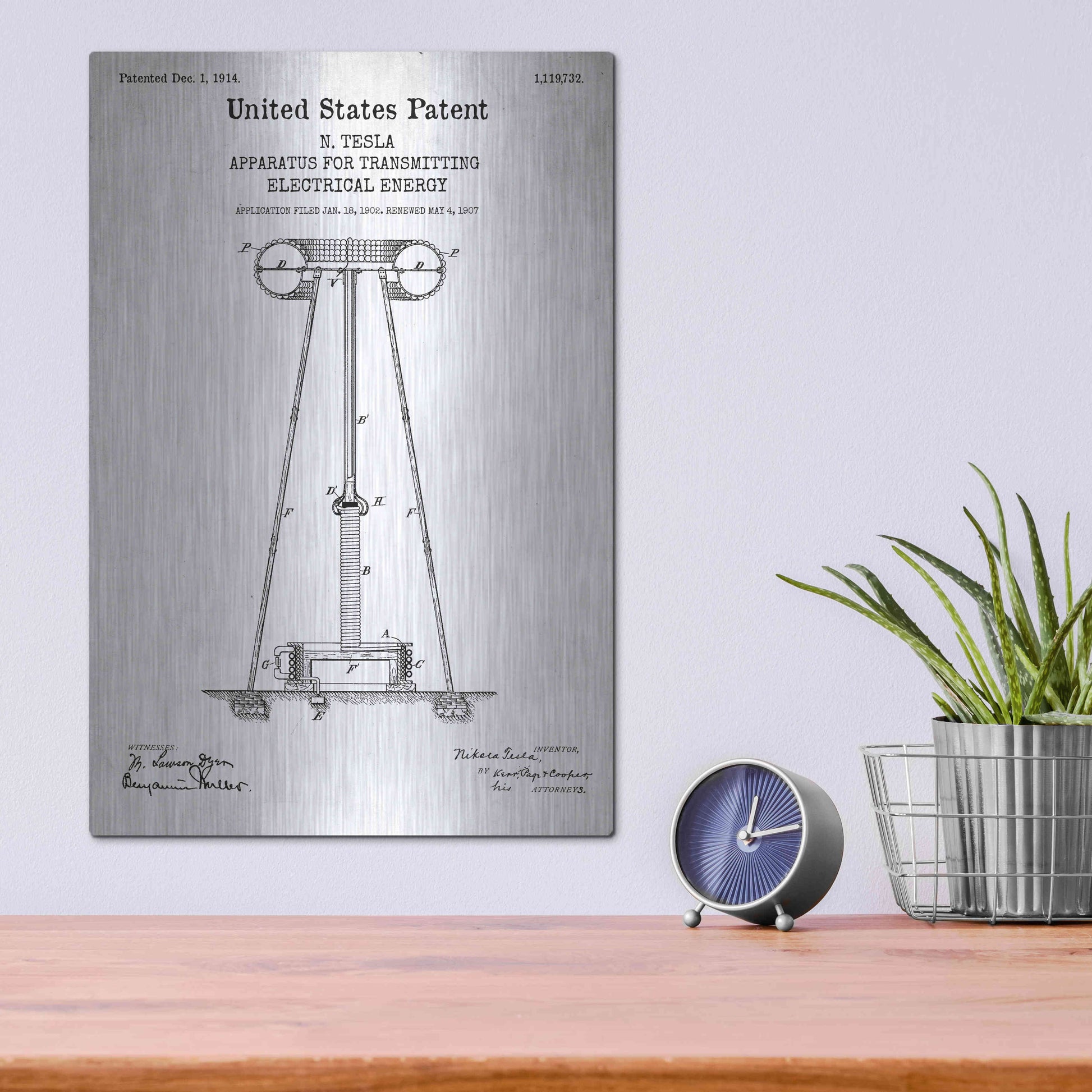 Luxe Metal Art 'Tesla Apparatus for Transmitting Electrical Energy Blueprint Patent White' Acrylic Glass Wall Art,12x16