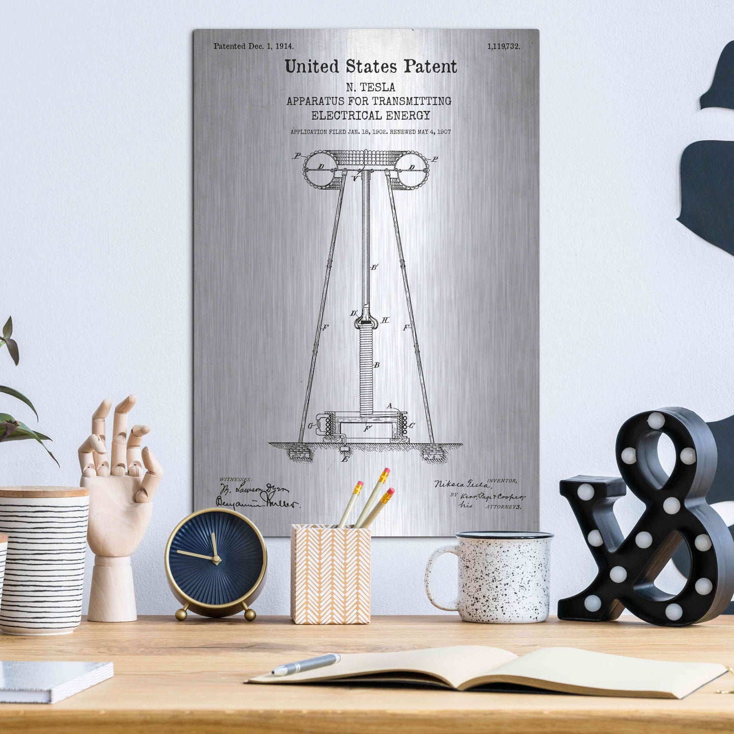 Luxe Metal Art 'Tesla Apparatus for Transmitting Electrical Energy Blueprint Patent White' Acrylic Glass Wall Art,12x16