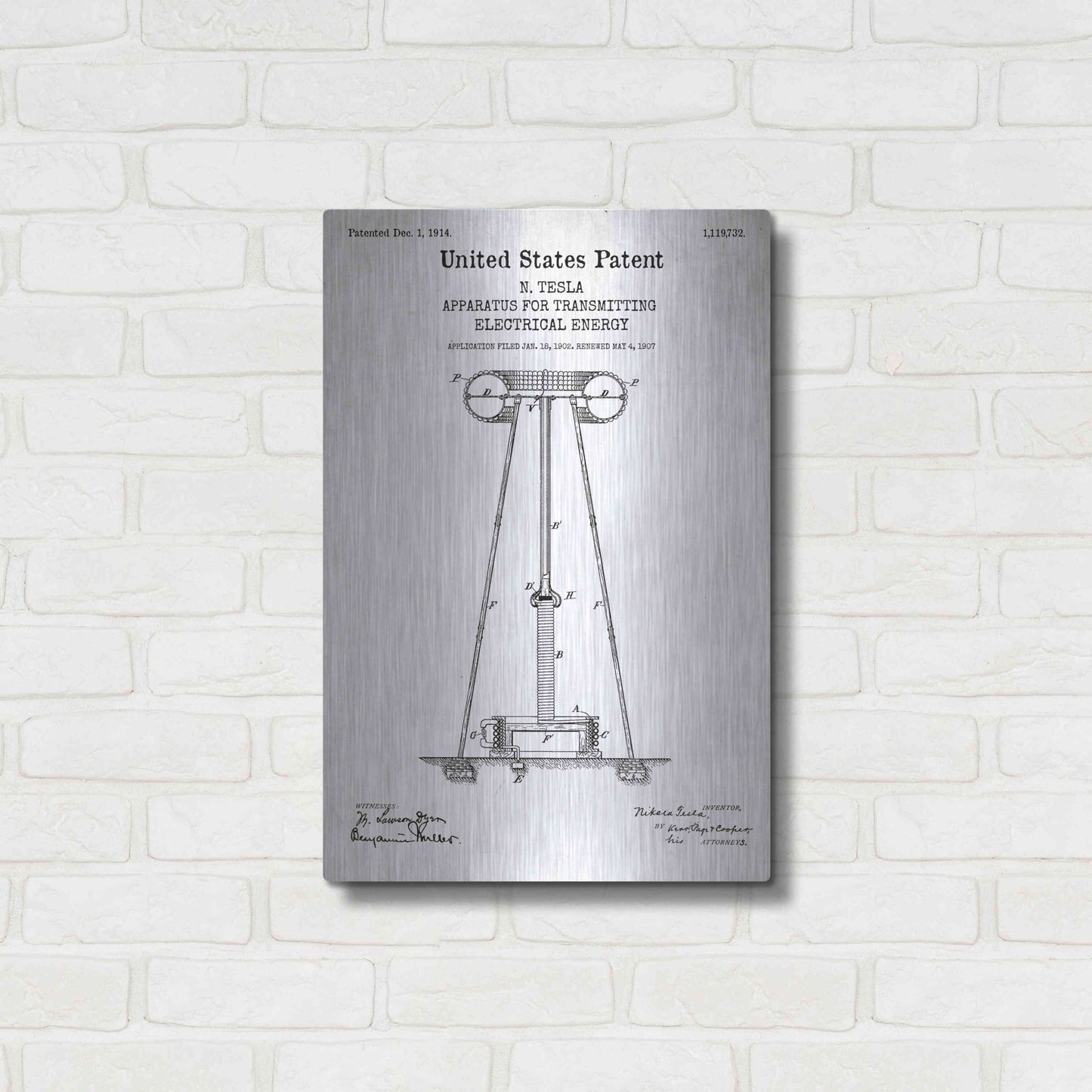 Luxe Metal Art 'Tesla Apparatus for Transmitting Electrical Energy Blueprint Patent White' Acrylic Glass Wall Art,16x24