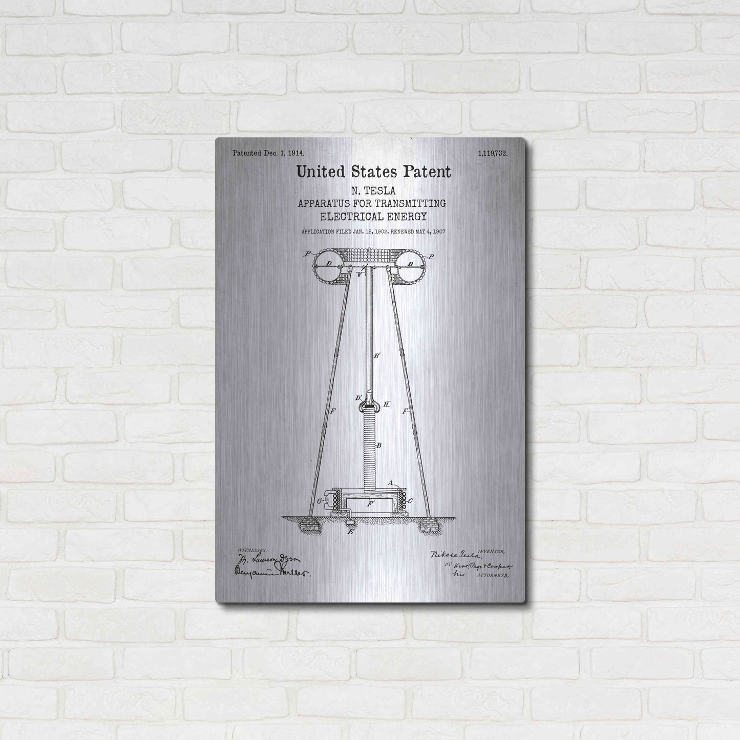 Luxe Metal Art 'Tesla Apparatus for Transmitting Electrical Energy Blueprint Patent White' Acrylic Glass Wall Art,24x36