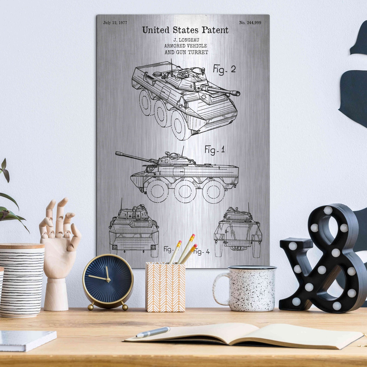 Luxe Metal Art 'Armored Vehicle Blueprint Patent White' Acrylic Glass Wall Art,12x16