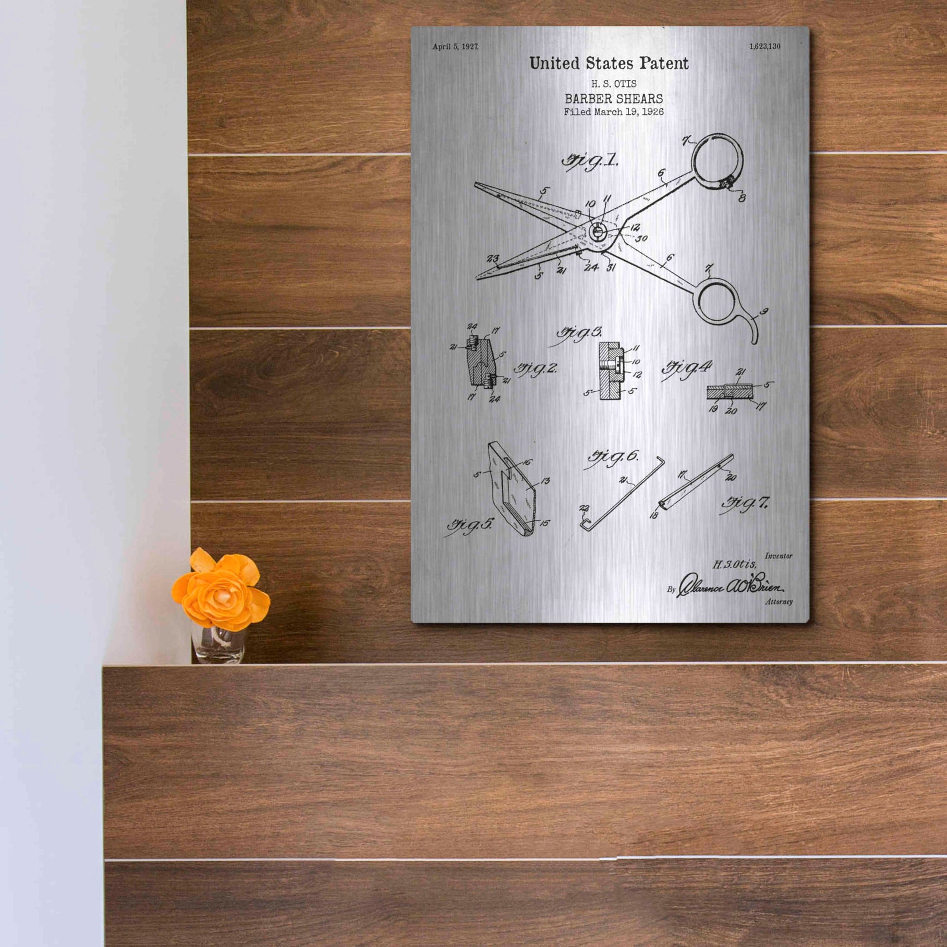 Luxe Metal Art 'Barber Shears Blueprint Patent White' Acrylic Glass Wall Art,12x16