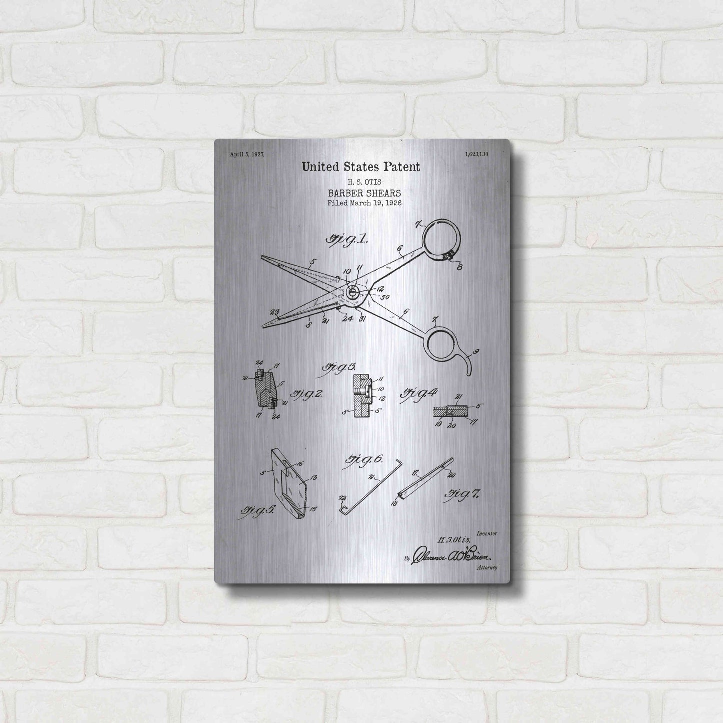 Luxe Metal Art 'Barber Shears Blueprint Patent White' Acrylic Glass Wall Art,16x24