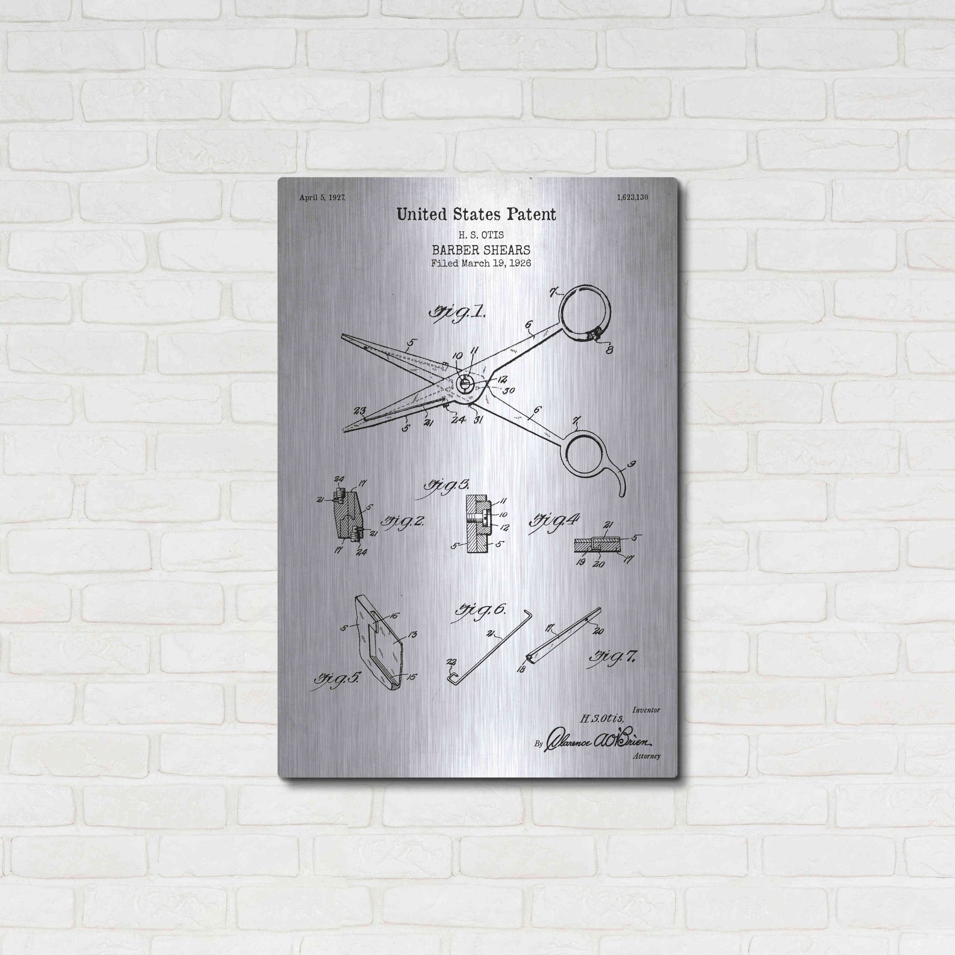 Luxe Metal Art 'Barber Shears Blueprint Patent White' Acrylic Glass Wall Art,24x36