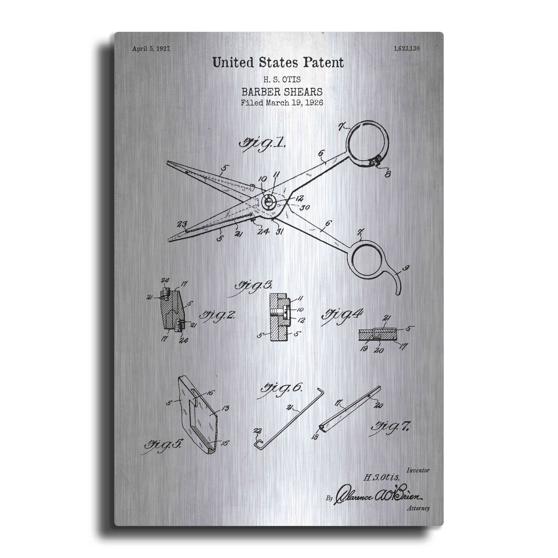 Luxe Metal Art 'Barber Shears Blueprint Patent White' Acrylic Glass Wall Art