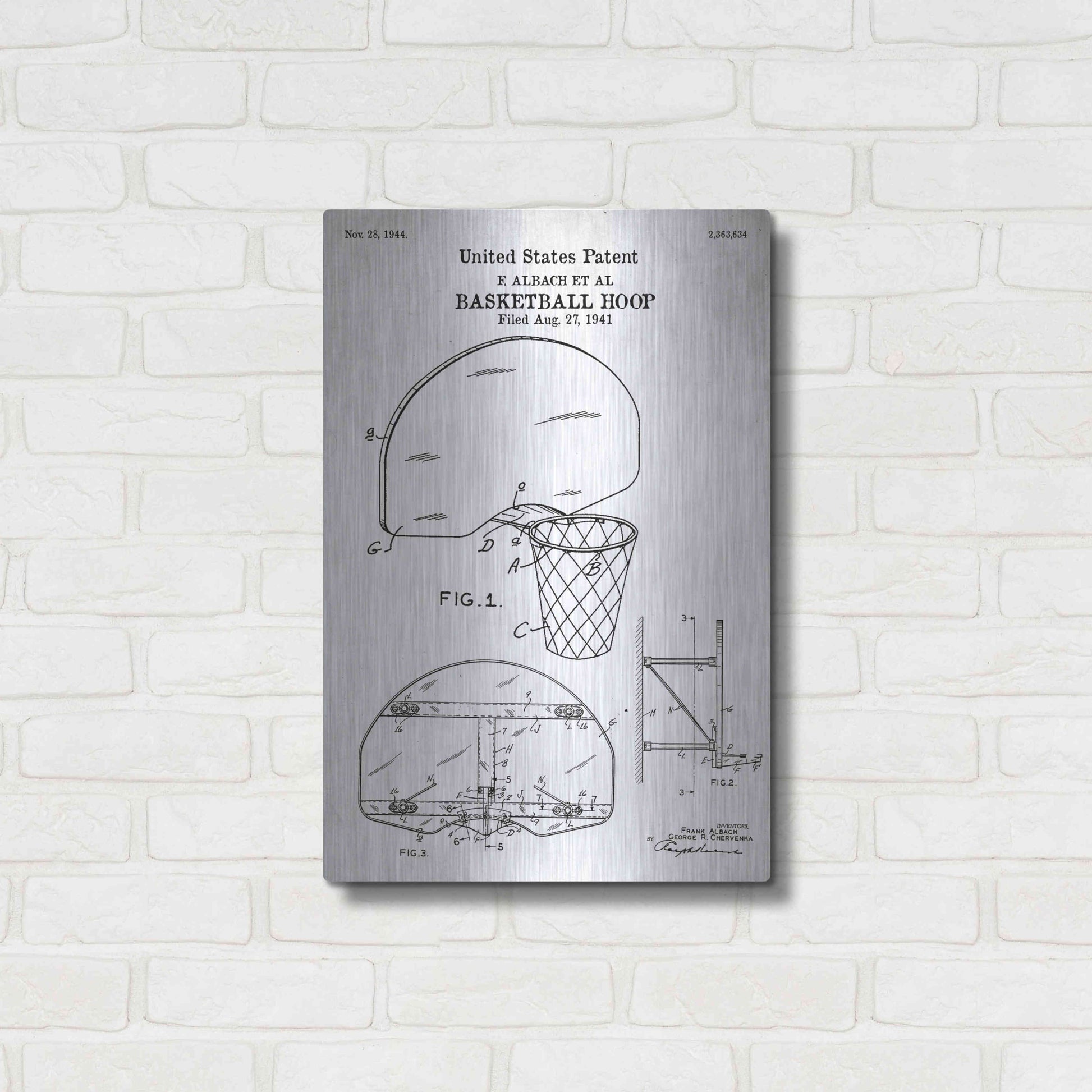 Luxe Metal Art 'Basketball Hoop Blueprint Patent White' Acrylic Glass Wall Art,16x24