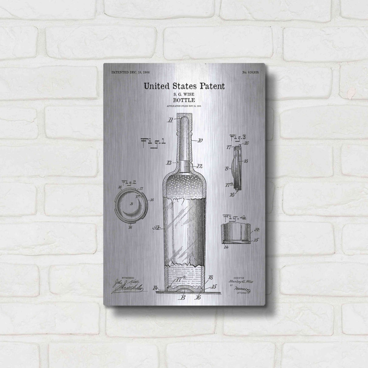 Luxe Metal Art 'Bottle Blueprint Patent White' Acrylic Glass Wall Art,12x16