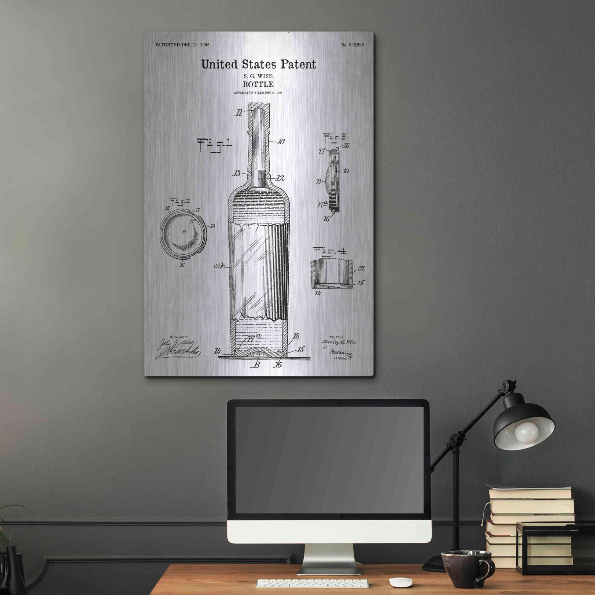 Luxe Metal Art 'Bottle Blueprint Patent White' Acrylic Glass Wall Art,24x36