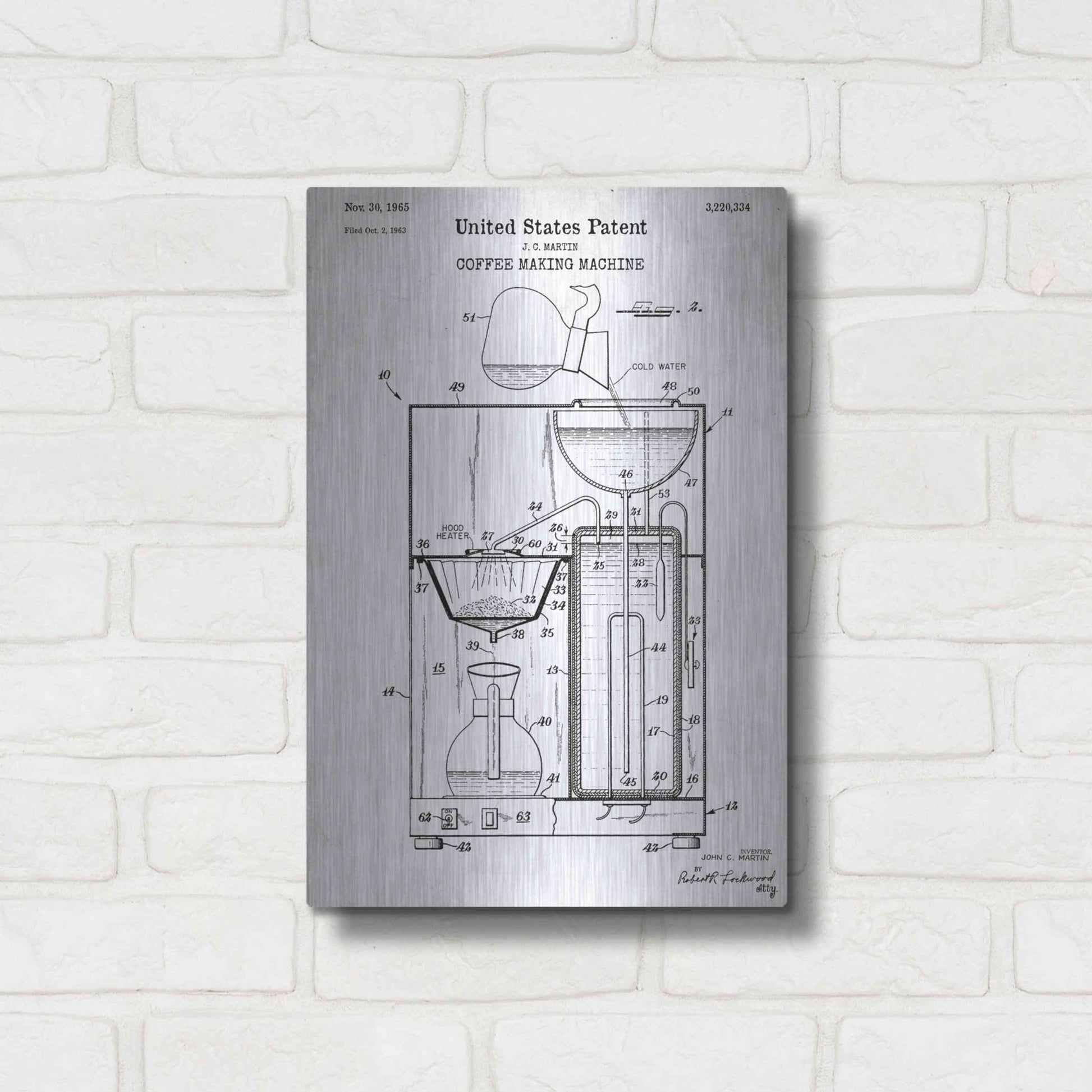 Luxe Metal Art 'Coffee Machine Blueprint Patent White' Acrylic Glass Wall Art,12x16