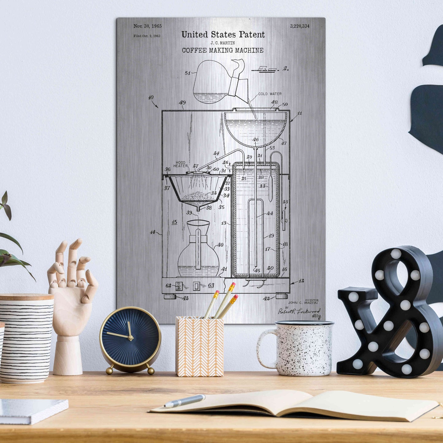 Luxe Metal Art 'Coffee Machine Blueprint Patent White' Acrylic Glass Wall Art,12x16