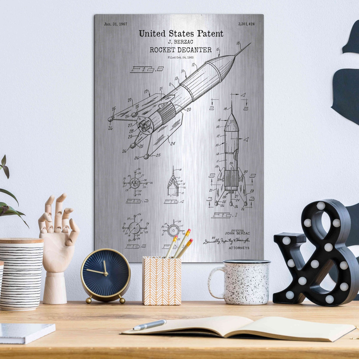 Luxe Metal Art 'Rocket Ship Blueprint Patent White' Acrylic Glass Wall Art,12x16