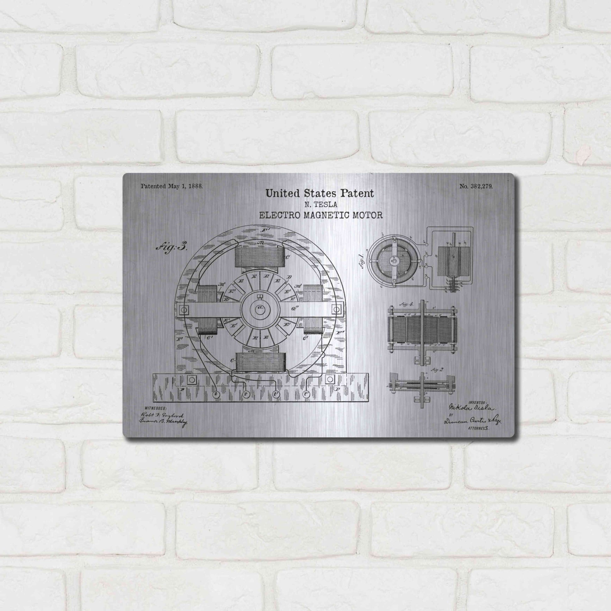 Luxe Metal Art 'Tesla Electro Magnetic Motor Blueprint Patent White' Acrylic Glass Wall Art,16x12