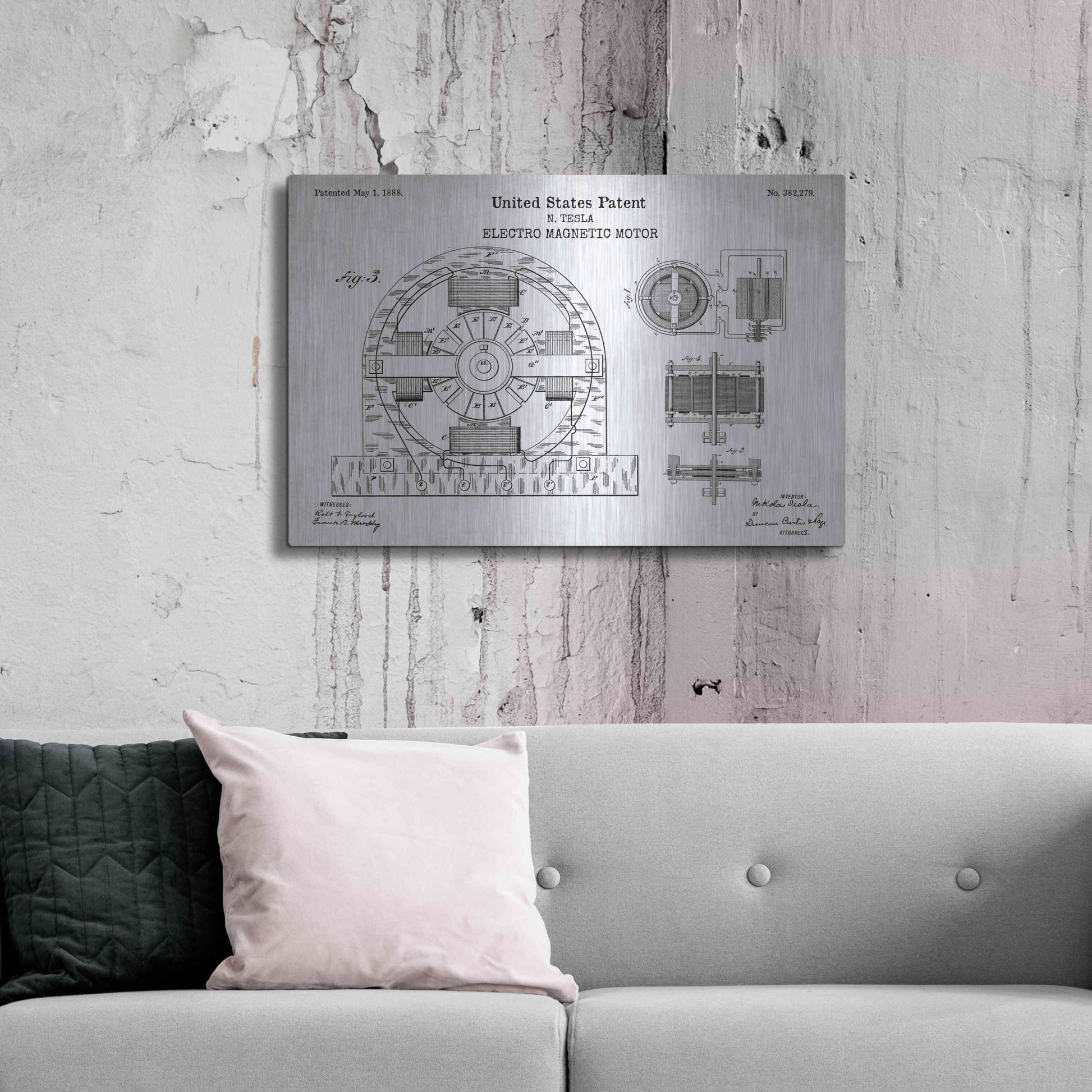 Luxe Metal Art 'Tesla Electro Magnetic Motor Blueprint Patent White' Acrylic Glass Wall Art,36x24