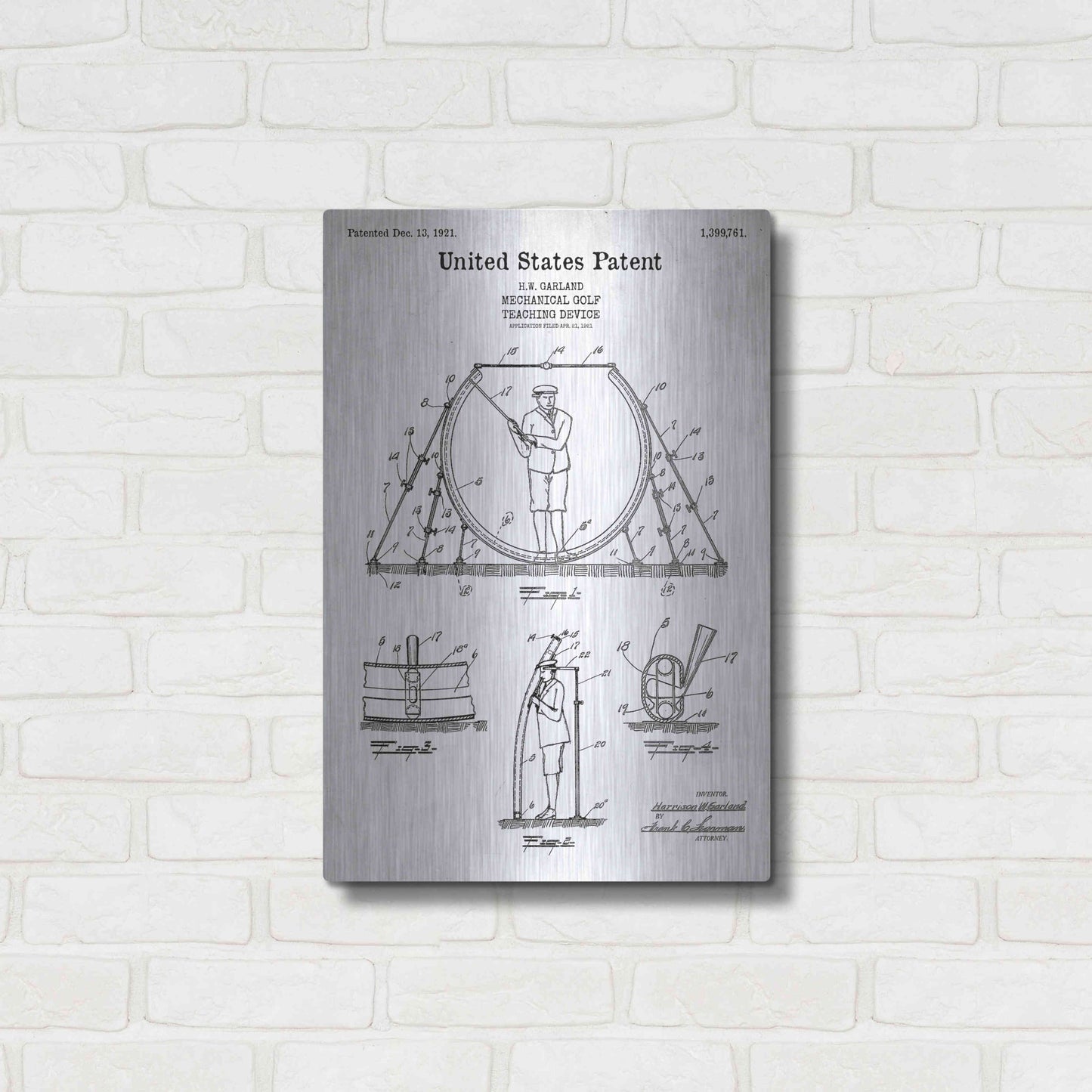 Luxe Metal Art 'Golf Teaching Device Blueprint Patent White' Acrylic Glass Wall Art,16x24