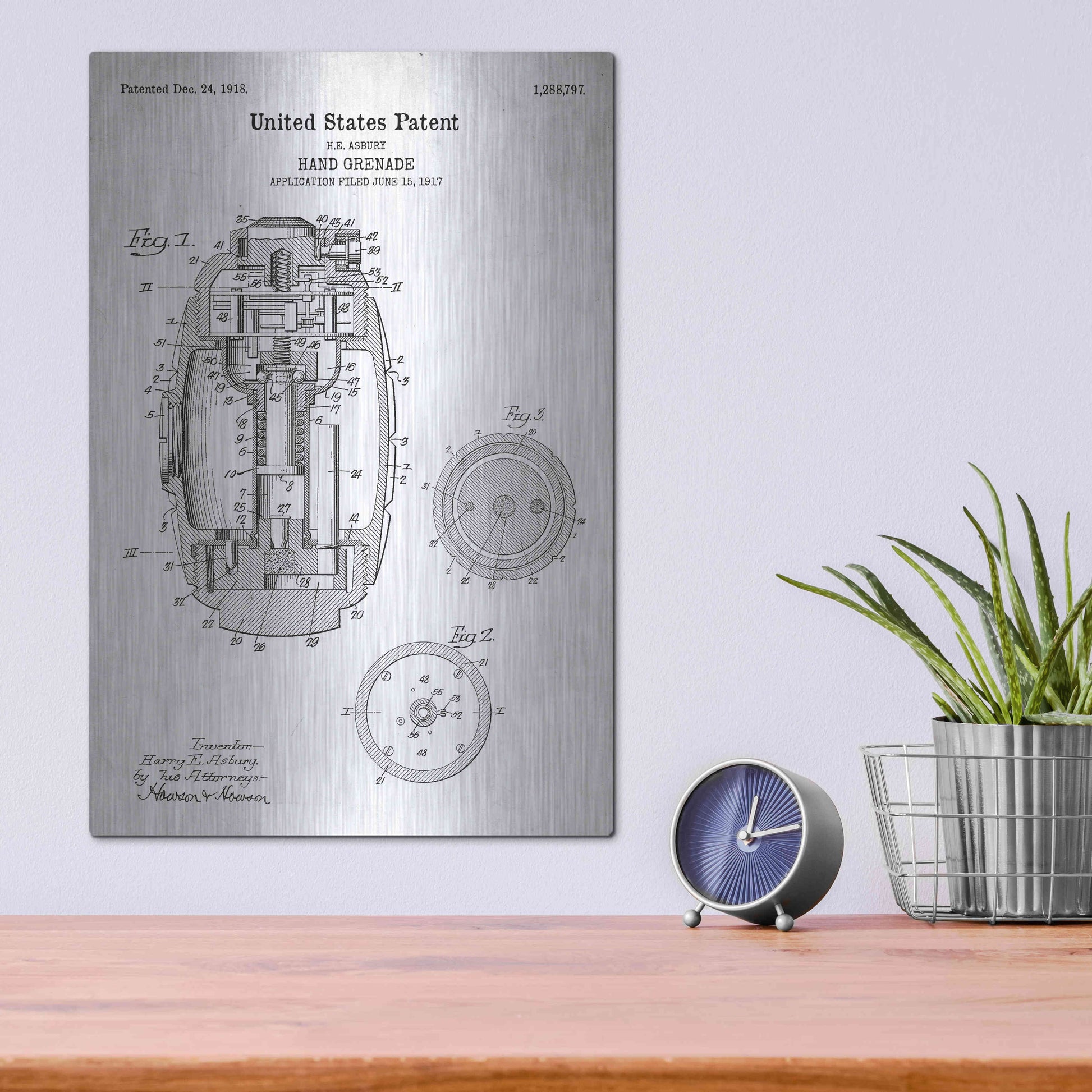 Luxe Metal Art 'Hand Grenade Blueprint Patent White' Acrylic Glass Wall Art,12x16