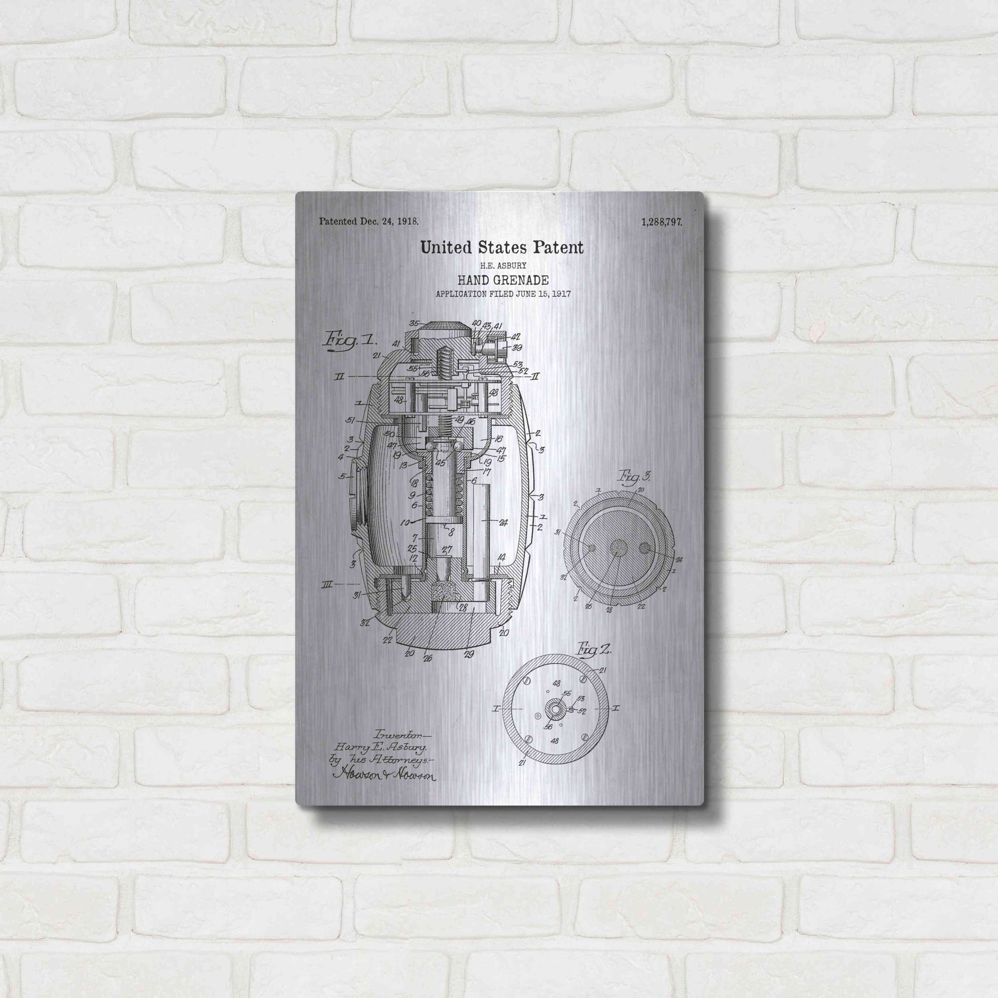 Luxe Metal Art 'Hand Grenade Blueprint Patent White' Acrylic Glass Wall Art,16x24