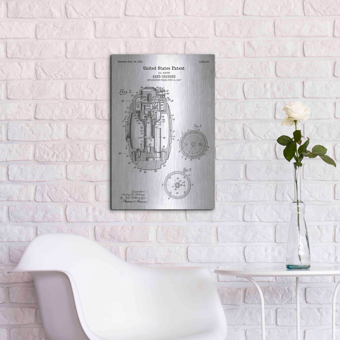 Luxe Metal Art 'Hand Grenade Blueprint Patent White' Acrylic Glass Wall Art,16x24